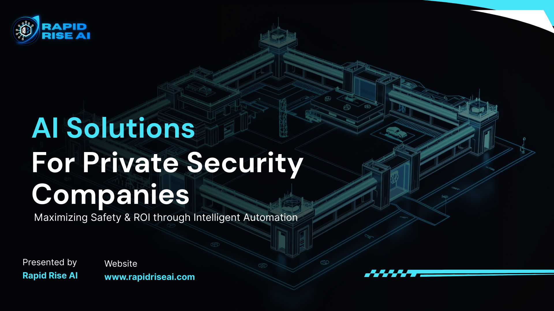A digital blueprint of a building with a dark background, illuminated in blue lines, and the title 'AI Solutions For Private Security Companies' displayed prominently, emphasizing safety and automation.