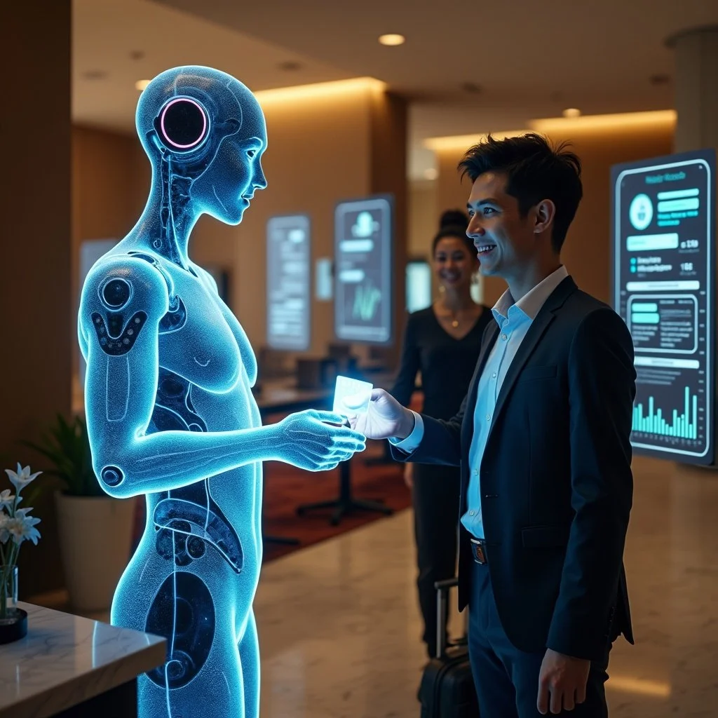 Man in business suit shaking hands with a holographic female robot in a high-tech environment.
