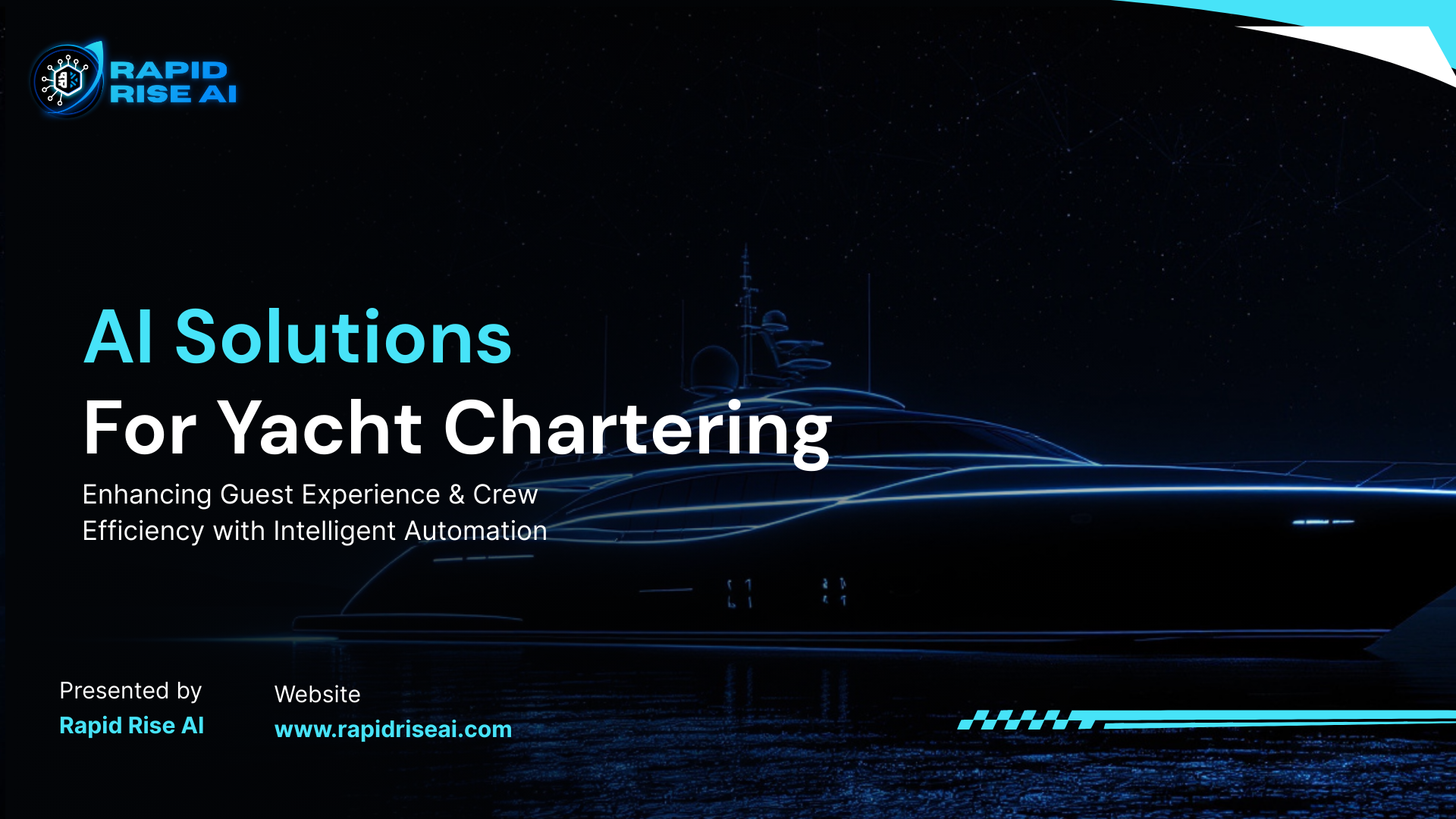 A digital illustration of a yacht illuminated with blue neon lines on a dark background, with stars and constellations in the sky, and text overlay promoting AI solutions for yacht chartering by Rapid Rise AI.