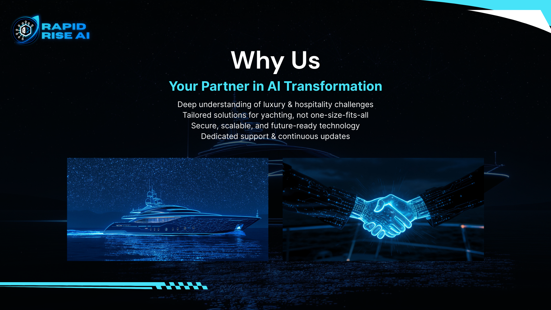 Digital illustration of a luxury yacht and a handshake, with text promoting AI transformation services for yachting industry, featuring the Rapid Rise AI logo and futuristic design elements.