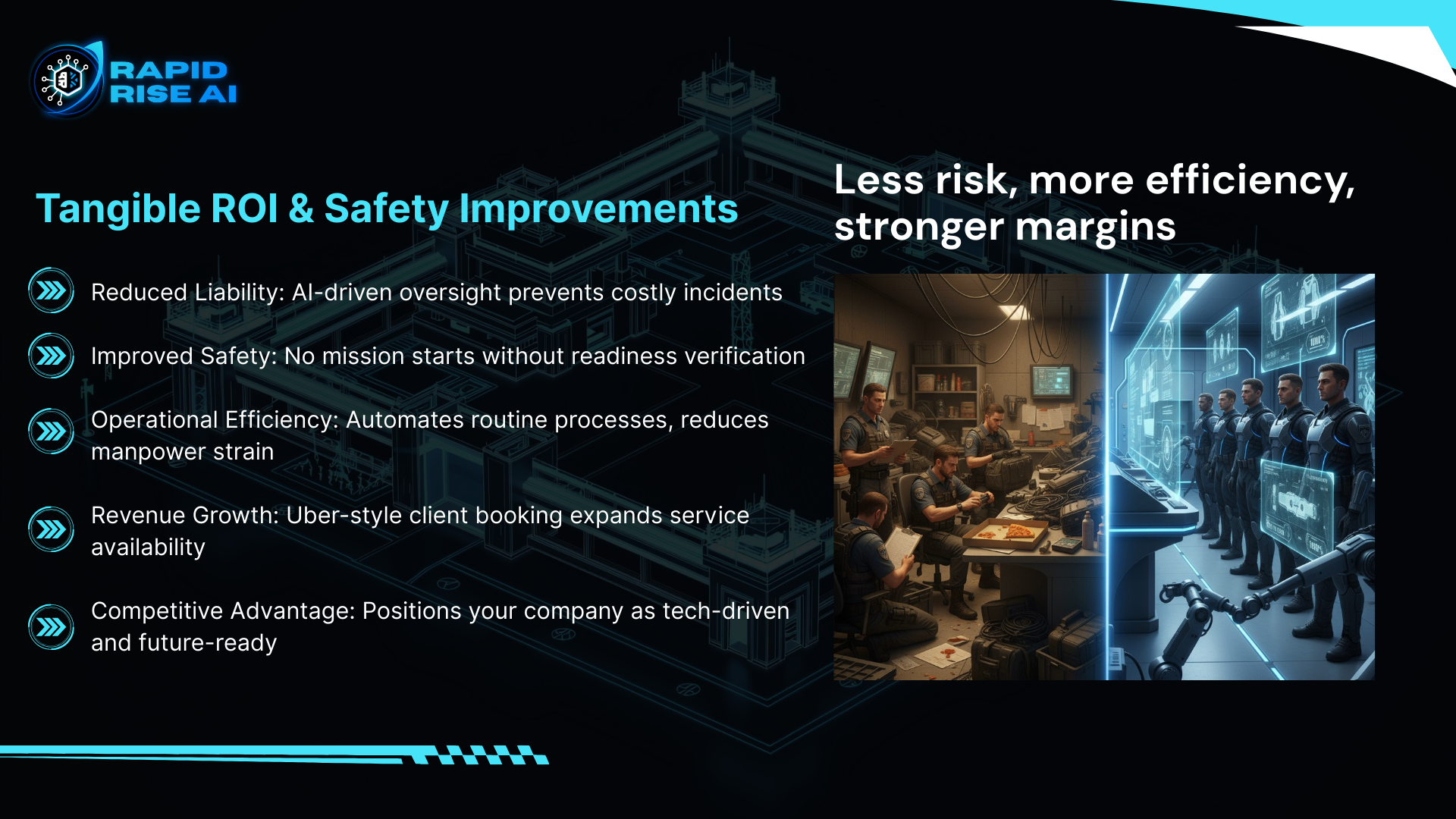Presentation slide showing benefits of AI-driven safety improvements, with a photo of a futuristic control room with robots and humans for context.