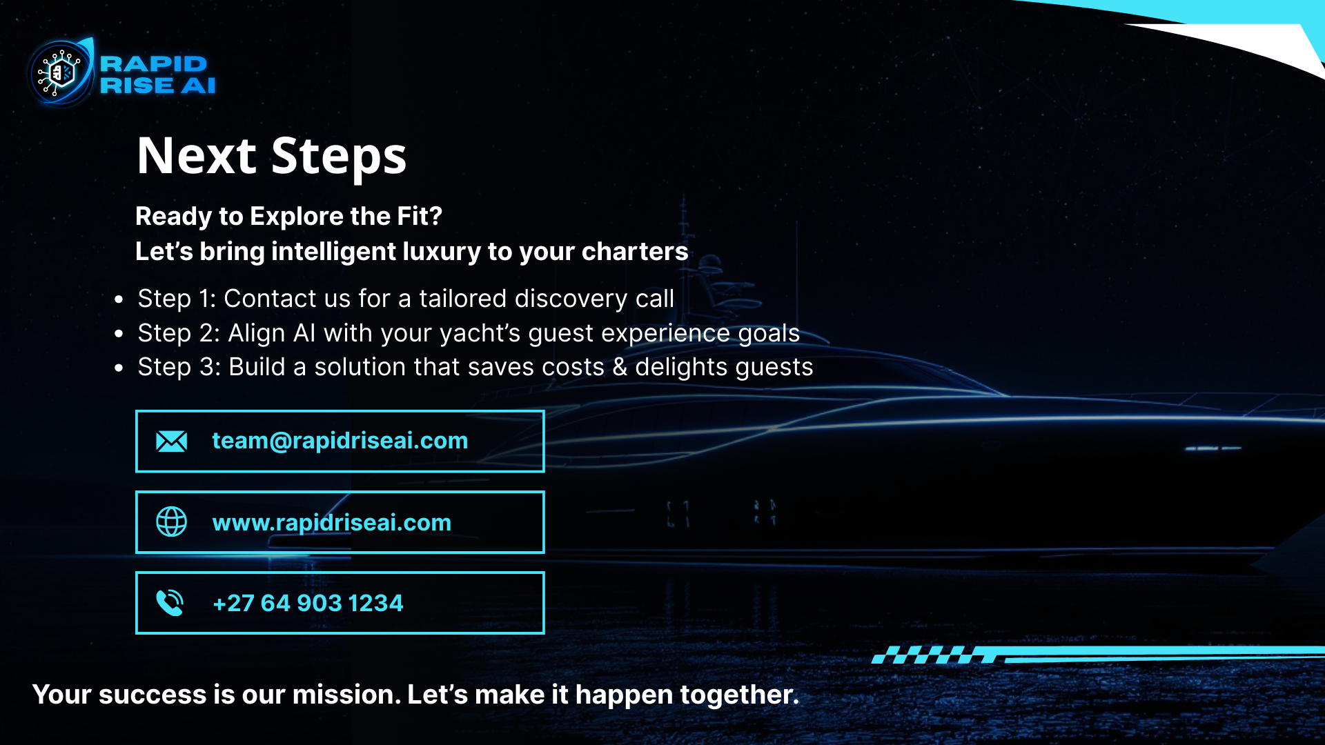 Promotional digital graphic for Rapid Rise AI features a sleek, futuristic yacht in a dark, starry night background with glowing lines highlighting its shape. Text offers next steps for exploring AI solutions for yachts, including contact email, webs