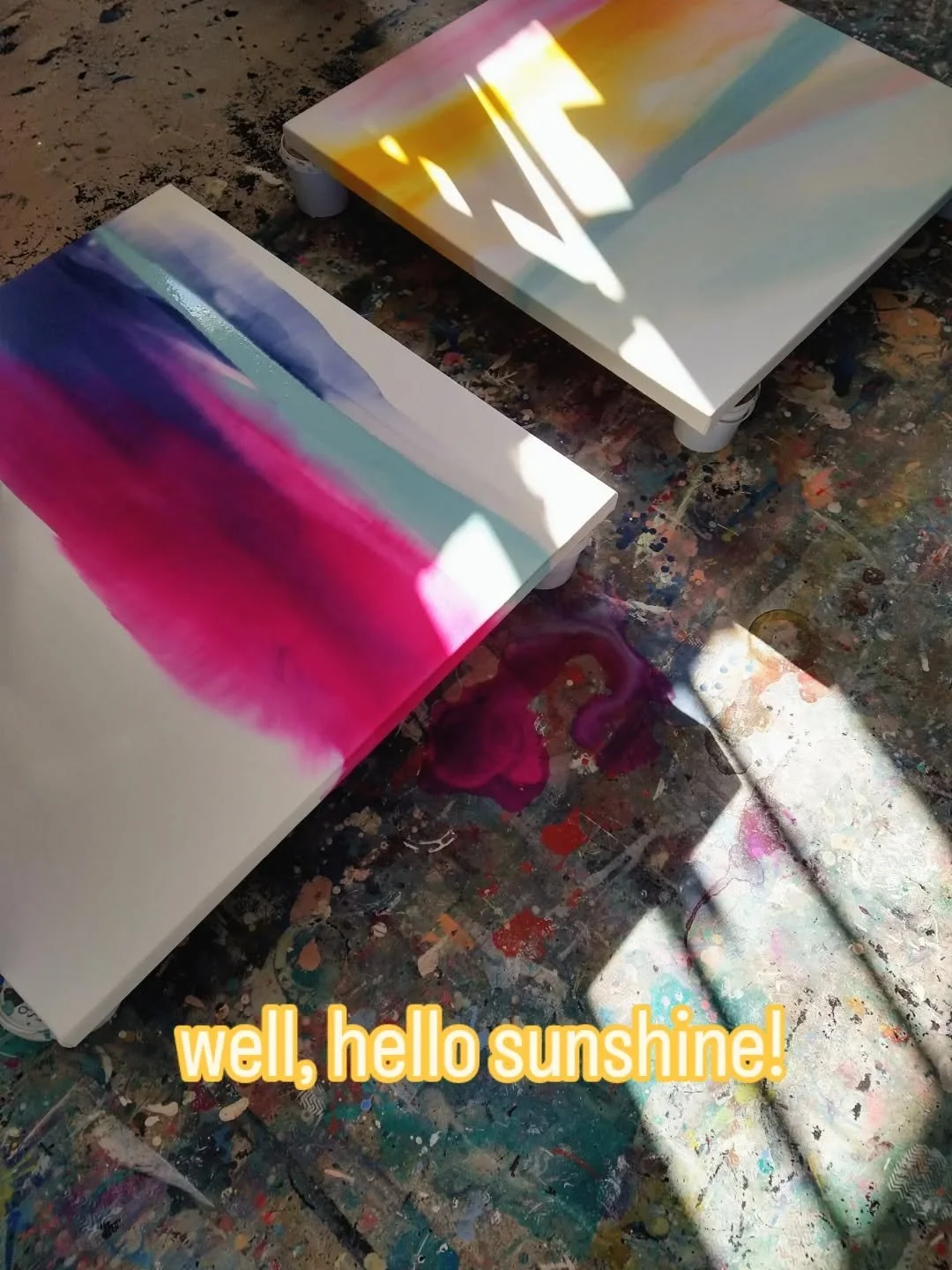 Spring! Thank goodness...

#springinthestudio #pouringpaint #workinprogress #springsunshine #colour