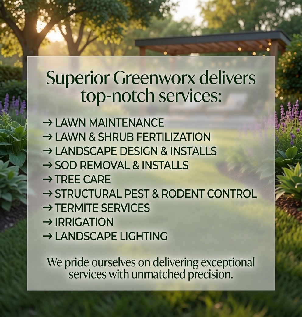 An outdoor garden scene with trees, a gazebo, and flowering plants. Overlaid on the image is a list of lawn and landscape services offered by Superior Greenworx, including lawn maintenance, fertilization, landscape design, sod removal, tree care, pest control, termite services, irrigation, and lighting.