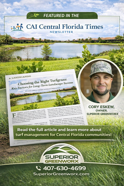 Cover of the CAI Central Florida Times newsletter featuring a landscape with a lake and greenery, with an article about turfgrass management and a photo of Cory Eskew, owner of Superior Greenworx.