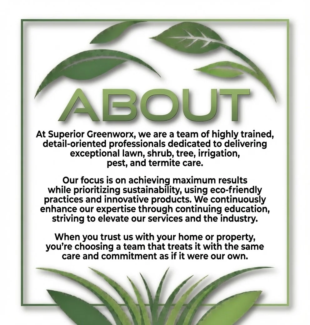 Text about Superior Greenworx, a lawn and garden care company, surrounded by green leaves and plant imagery.