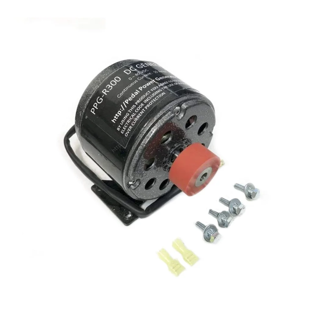 A 300 watt exercise bike generator Electric motor with red pulley, four screws, and two yellow connectors on a white background.