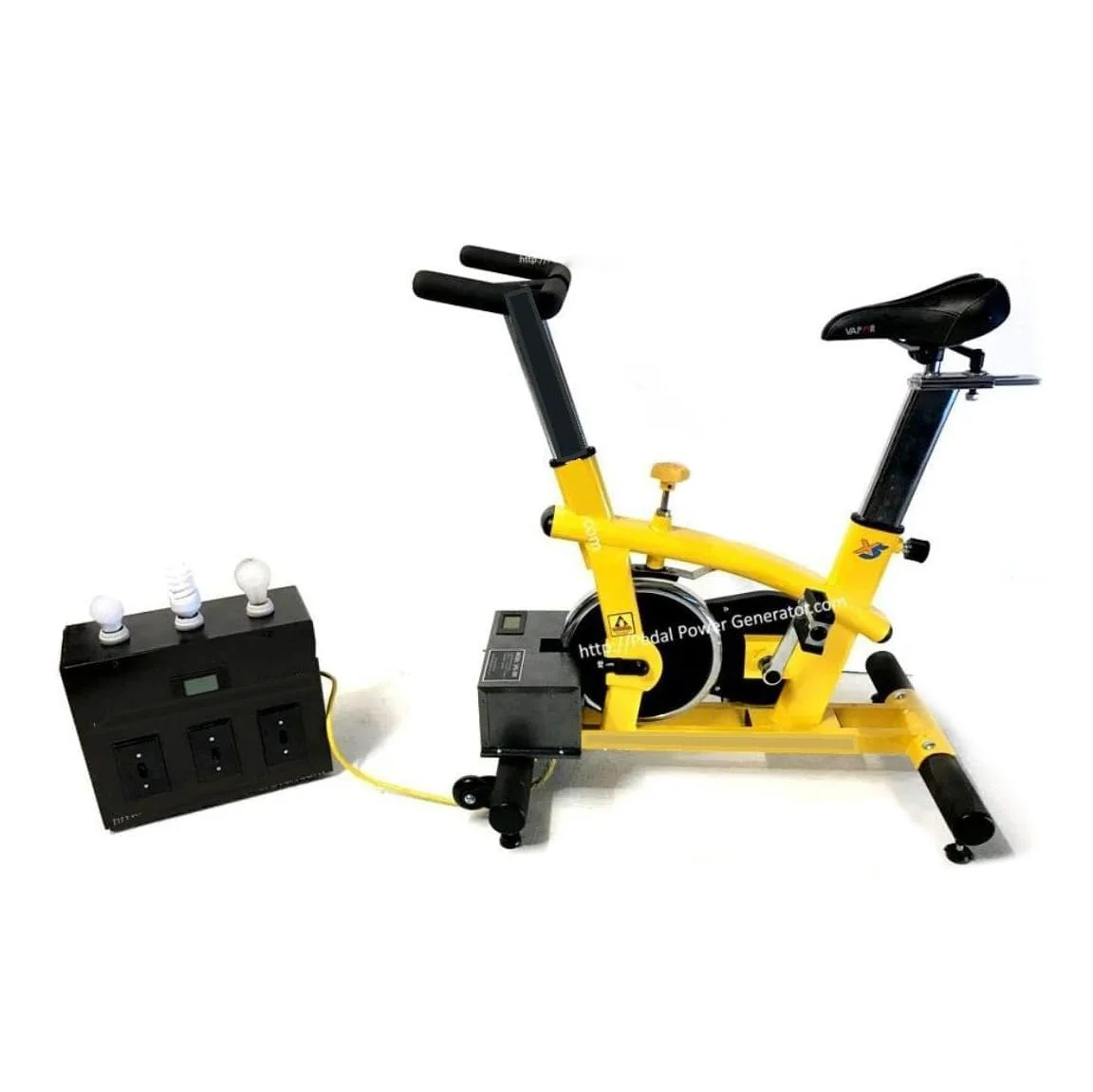 Yellow 300 watt exercise bike connected to a black power generator connected to the EcoGlow with three lightbulbs, placed on a white background.