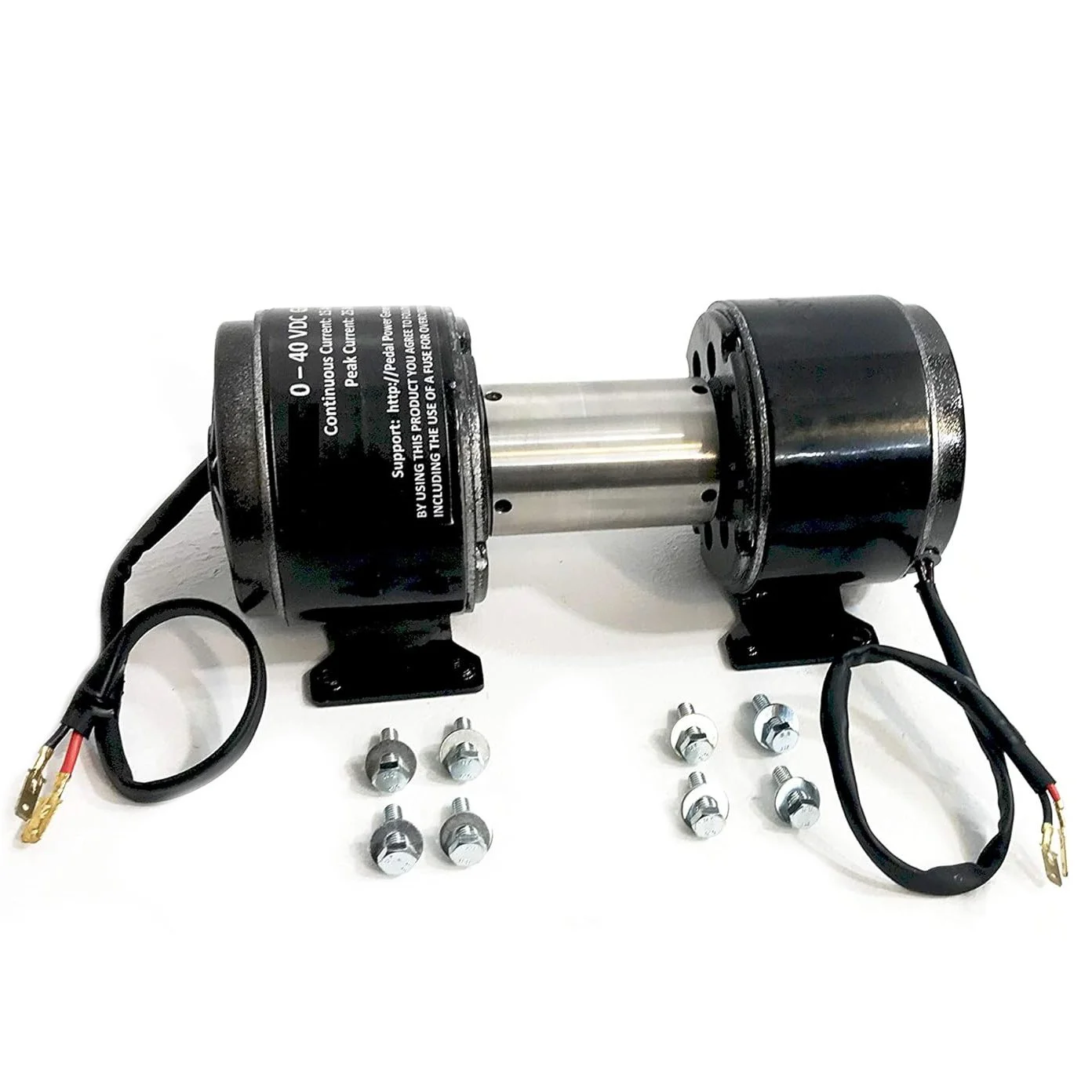 A 500 watt bicycle generator with Two black cylindrical electric motors connected by a metal shaft, each with mounting brackets and wires, accompanied by six bolts, on a white background.