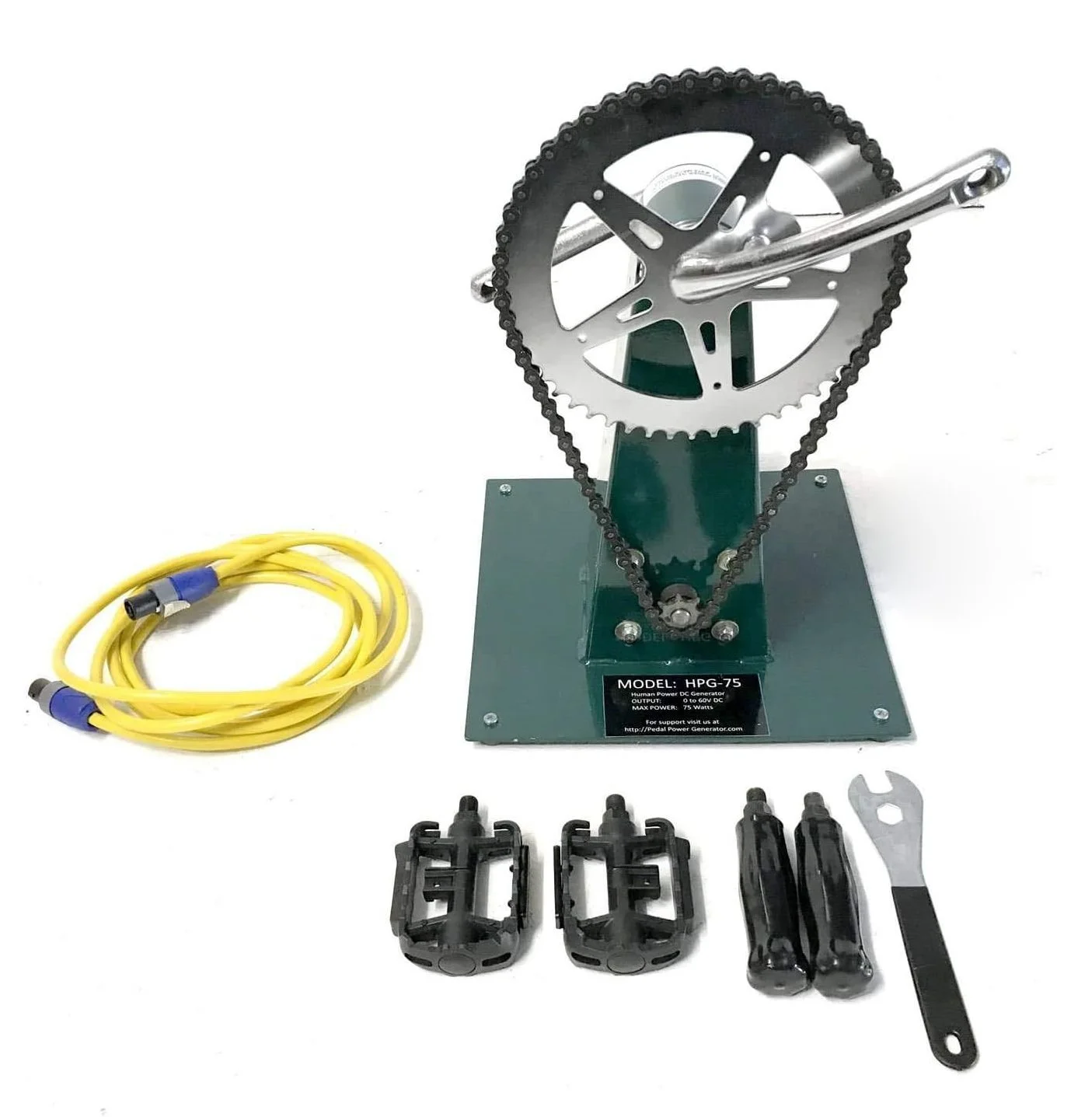 A 75 watt pedal-powered generator kit with a crank and gear system, yellow power cord, two black bicycle foot straps, two screwdrivers, and a wrench.