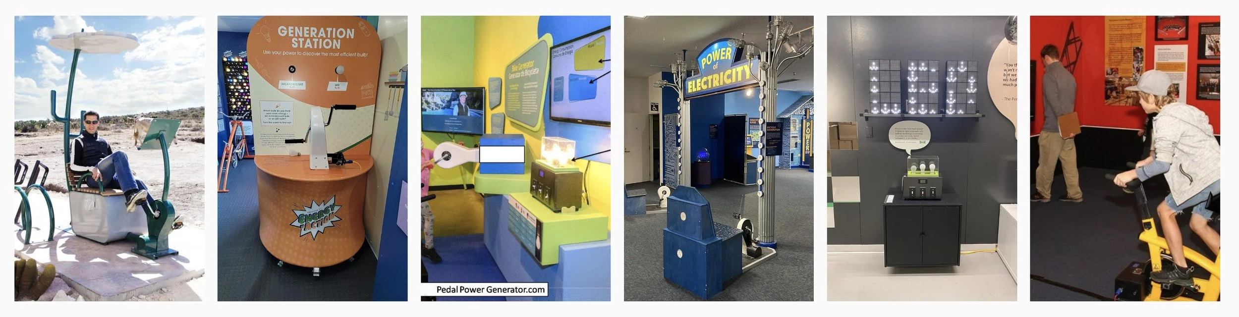 A series of images showing various interactive science exhibits related to energy, electricity, and renewable power at a science museum. The exhibits include a solar power station, a pedal power generator, and a display on electricity generation, with children engaging with the displays.
