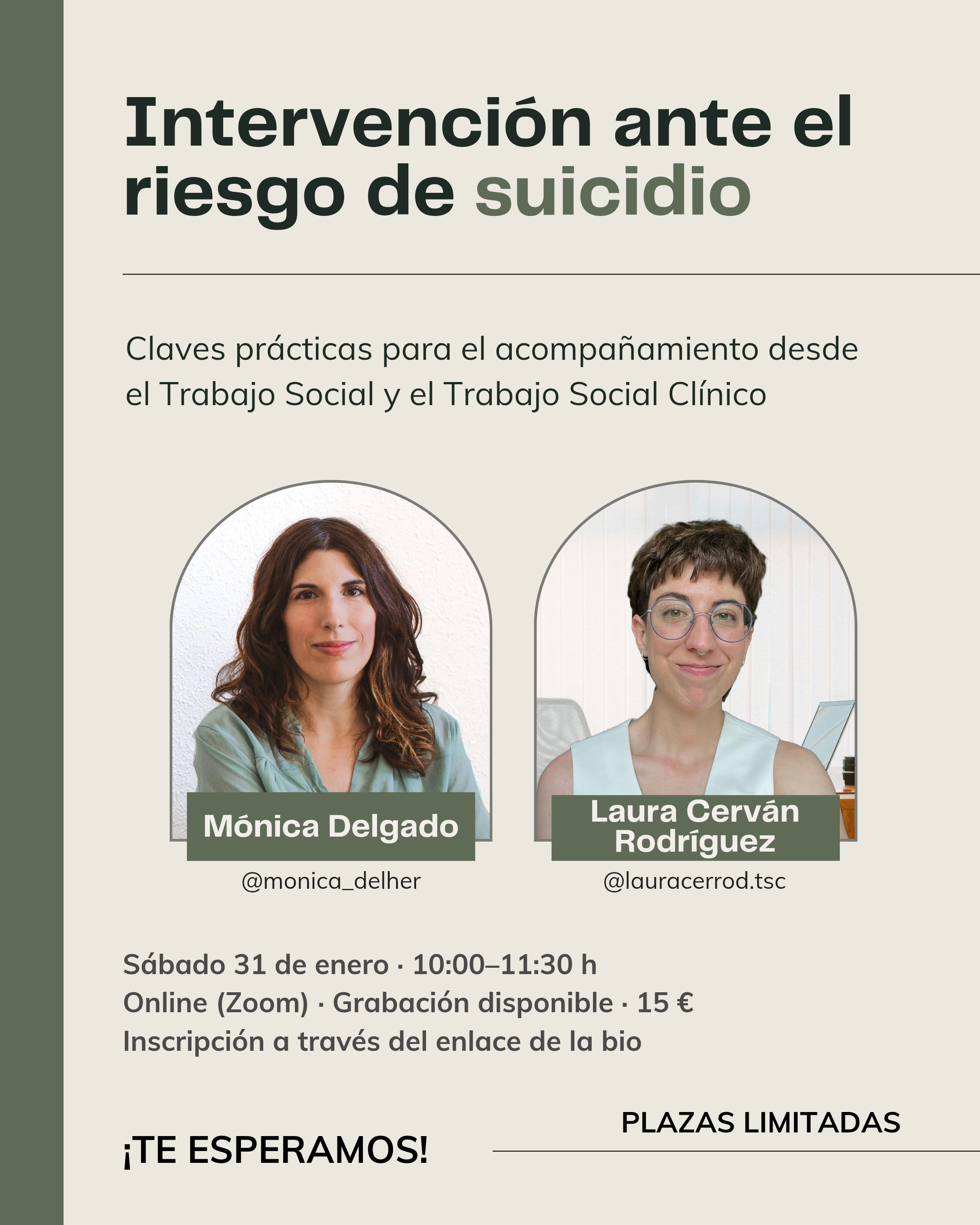 Cartel informativo sobre una intervención para prevenir el riesgo de suicidio, con fotos de las ponentes Mónica Delgado y Laura Cerván Rodríguez.