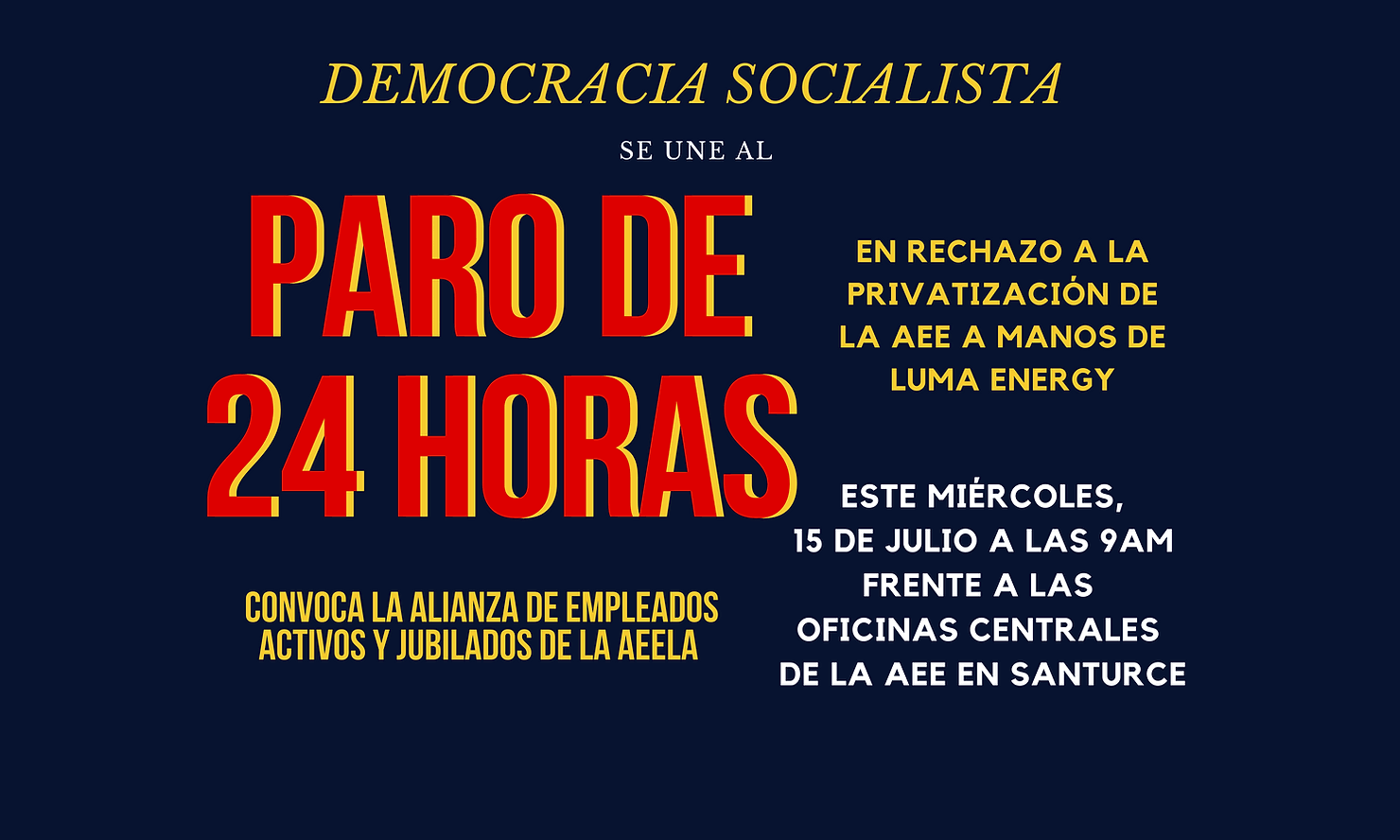 Democracia Socialista se opone a privatización de la Autoridad de Energía Eléctrica