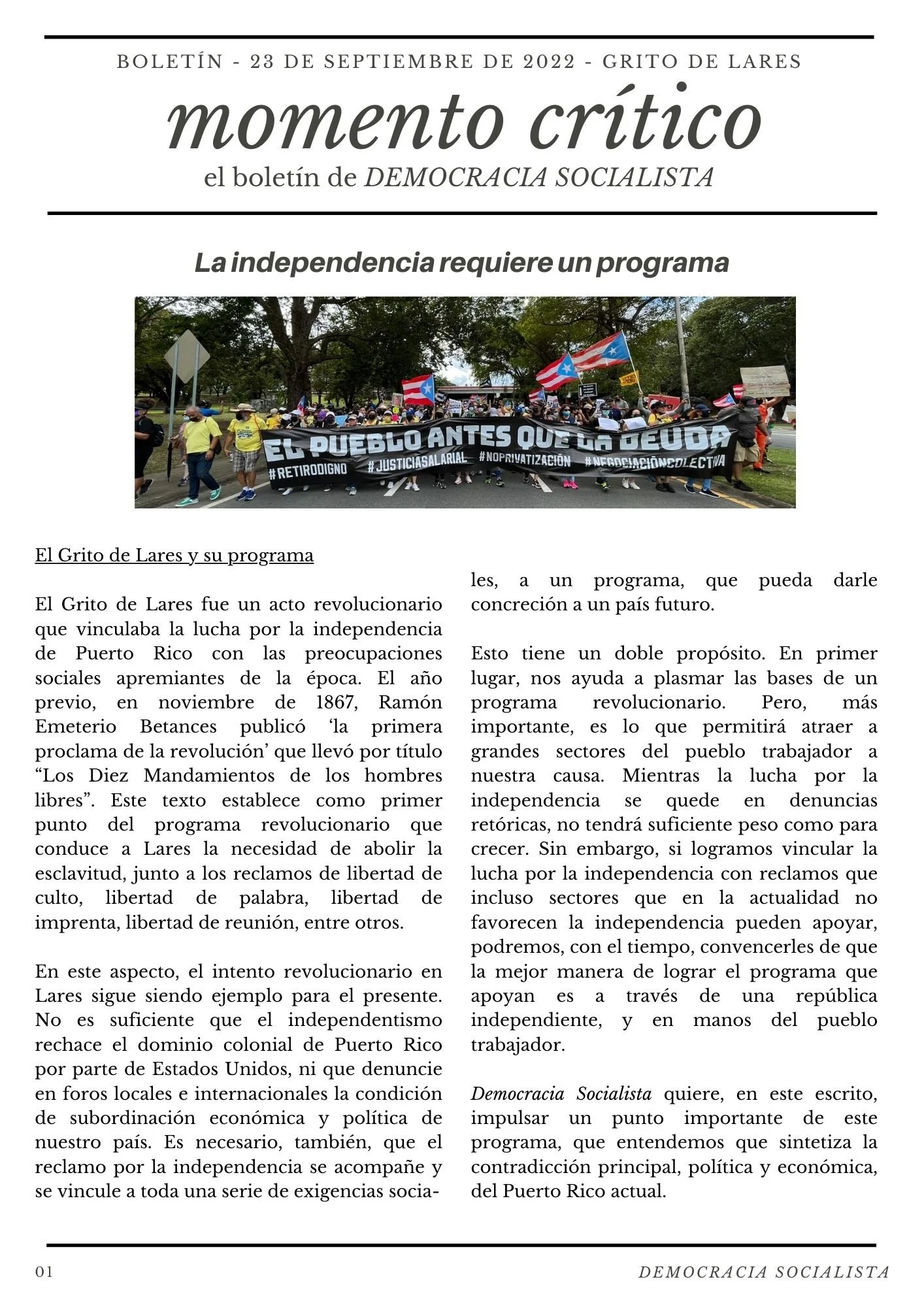 La independencia requiere un programa (Boletín - Grito de Lares 2022)