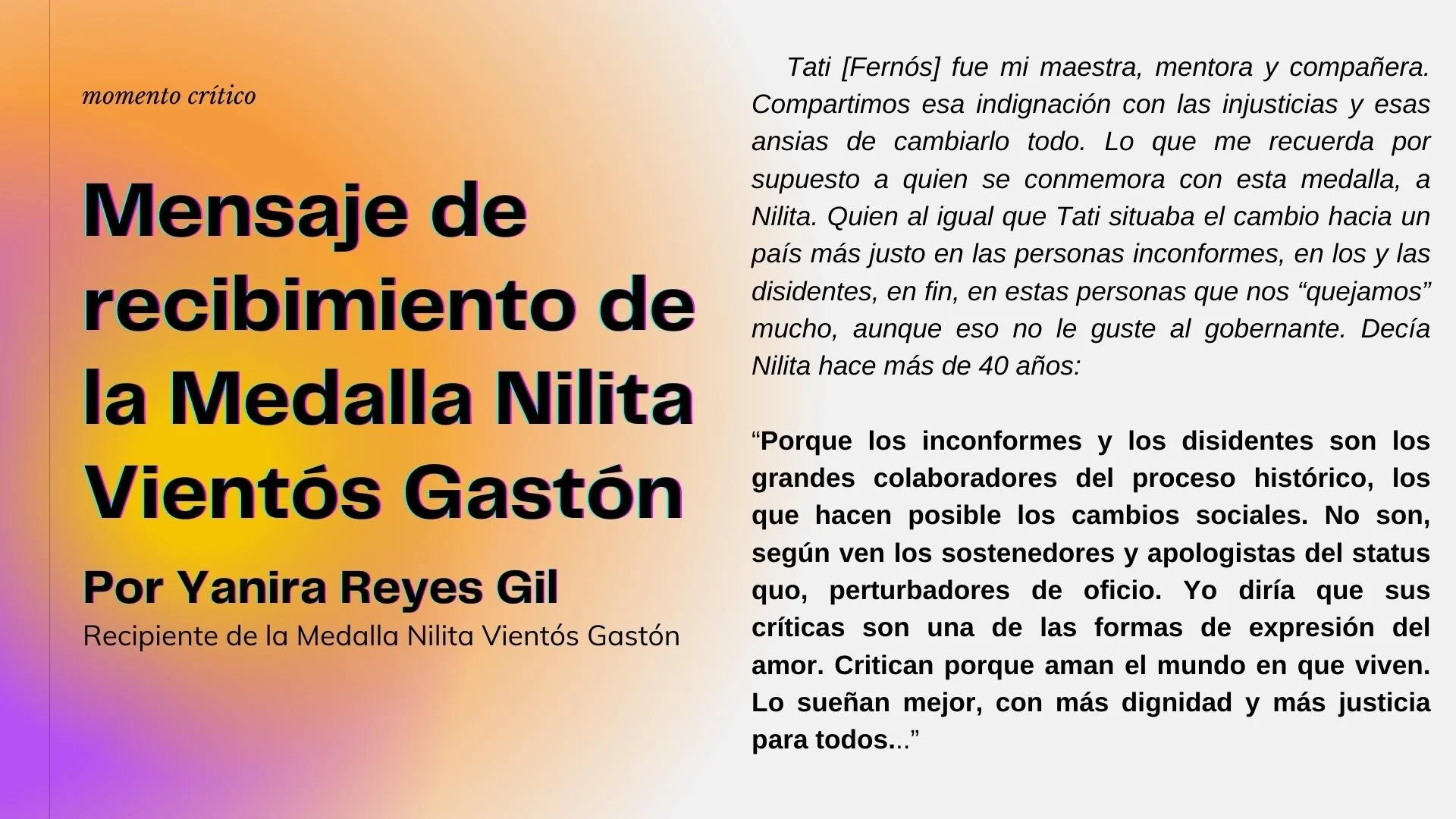 Mensaje de recibimiento de la Medalla Nilita Vientós Gastón