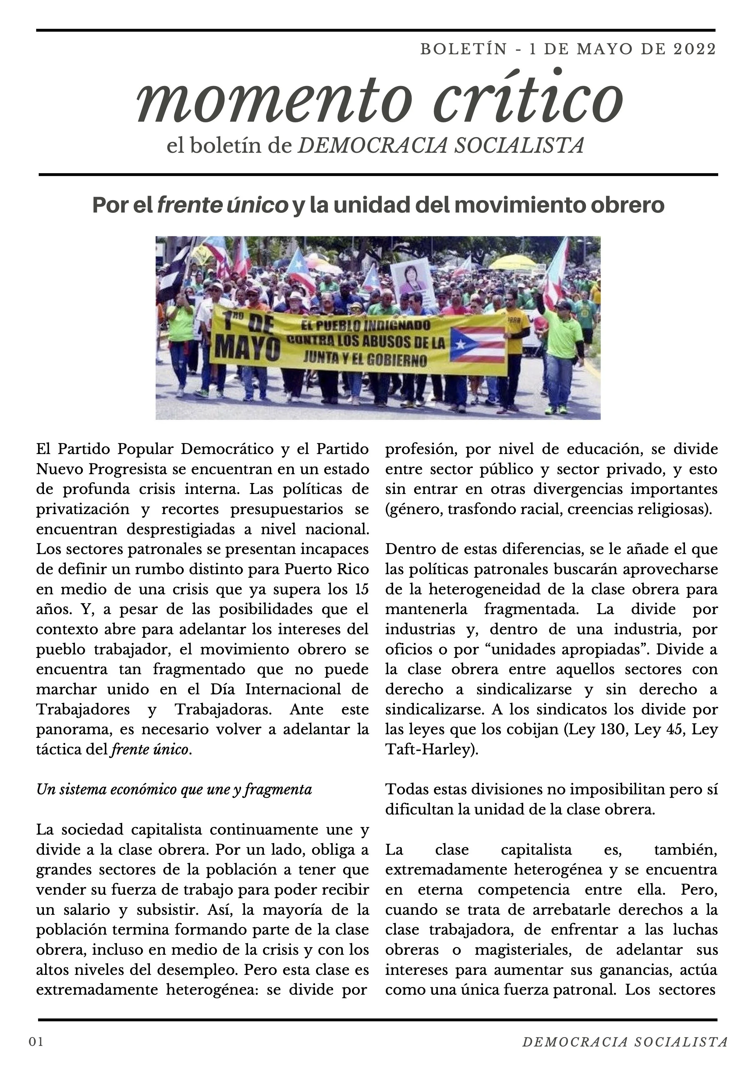 Por el frente único y la unidad del movimiento obrero