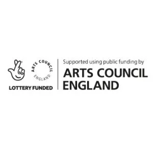Logo displaying "Arts Council England" with a "Lottery Funded" emblem, featuring a hand drawing with crossed fingers.