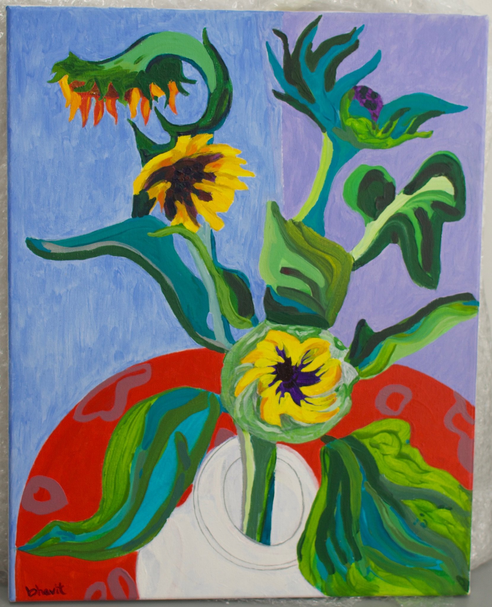 Vibrant abstract painting of sunflowers with green swirling stems and broad leaves in a colorful vase on a red and white table with a blue and purple background.
