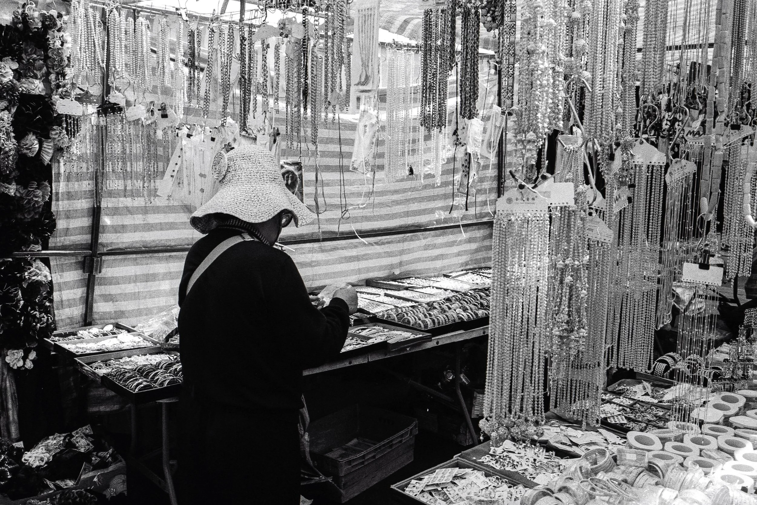 JEWELLEY STALL : Whitechapel Market,
July 2026. OM2 | TRI-X  400 (rated 800)  | 35mm at f11