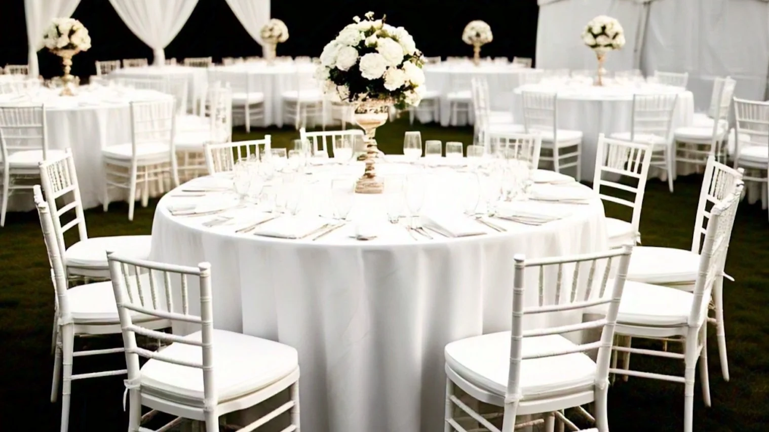 Elegant round table and white chair rental with floral centerpieces inside a white tent at outdoor event.