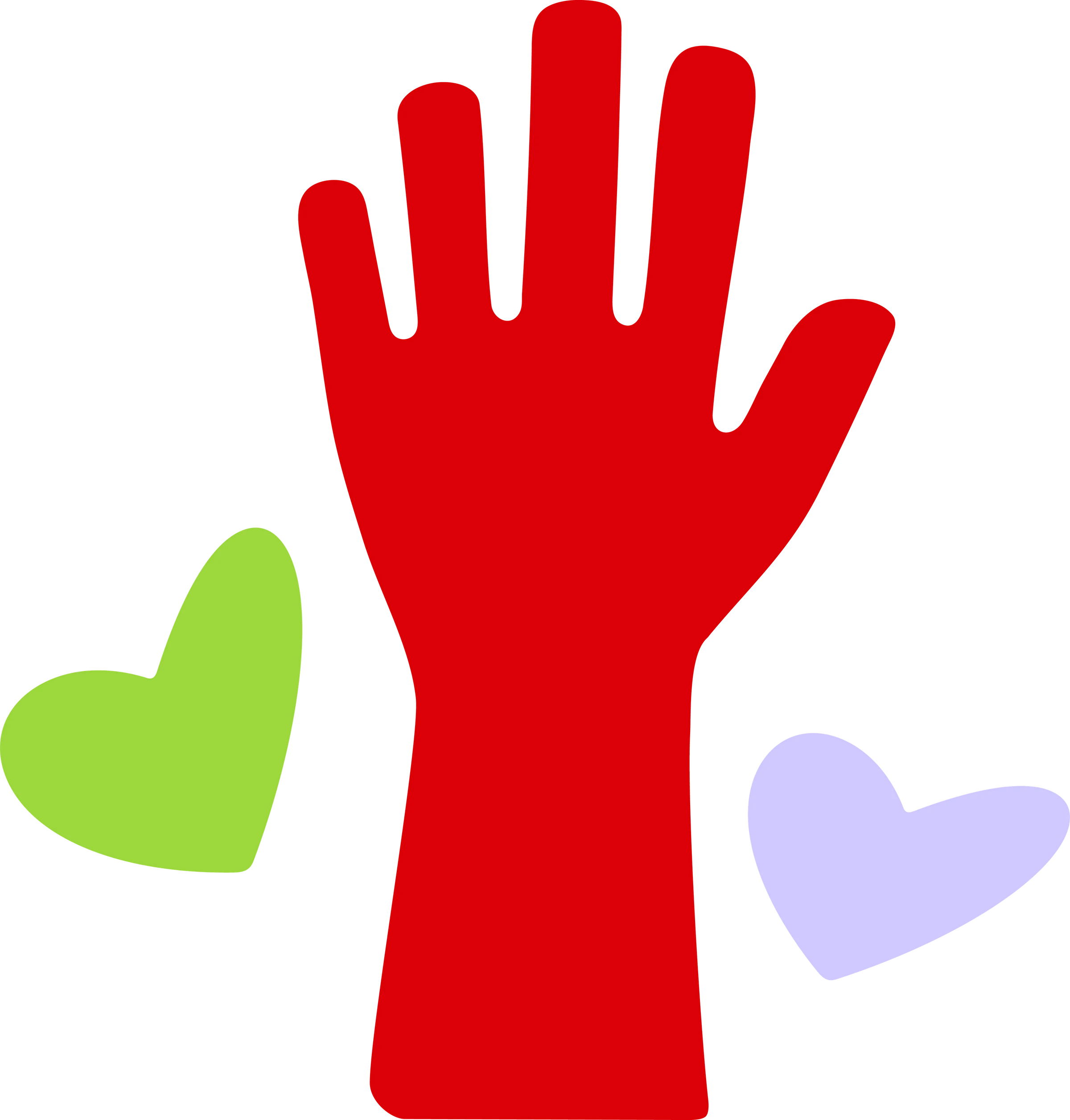 A stylized illustration of a red hand with the palm facing forward, surrounded by colorful abstract shapes and a solid black background.