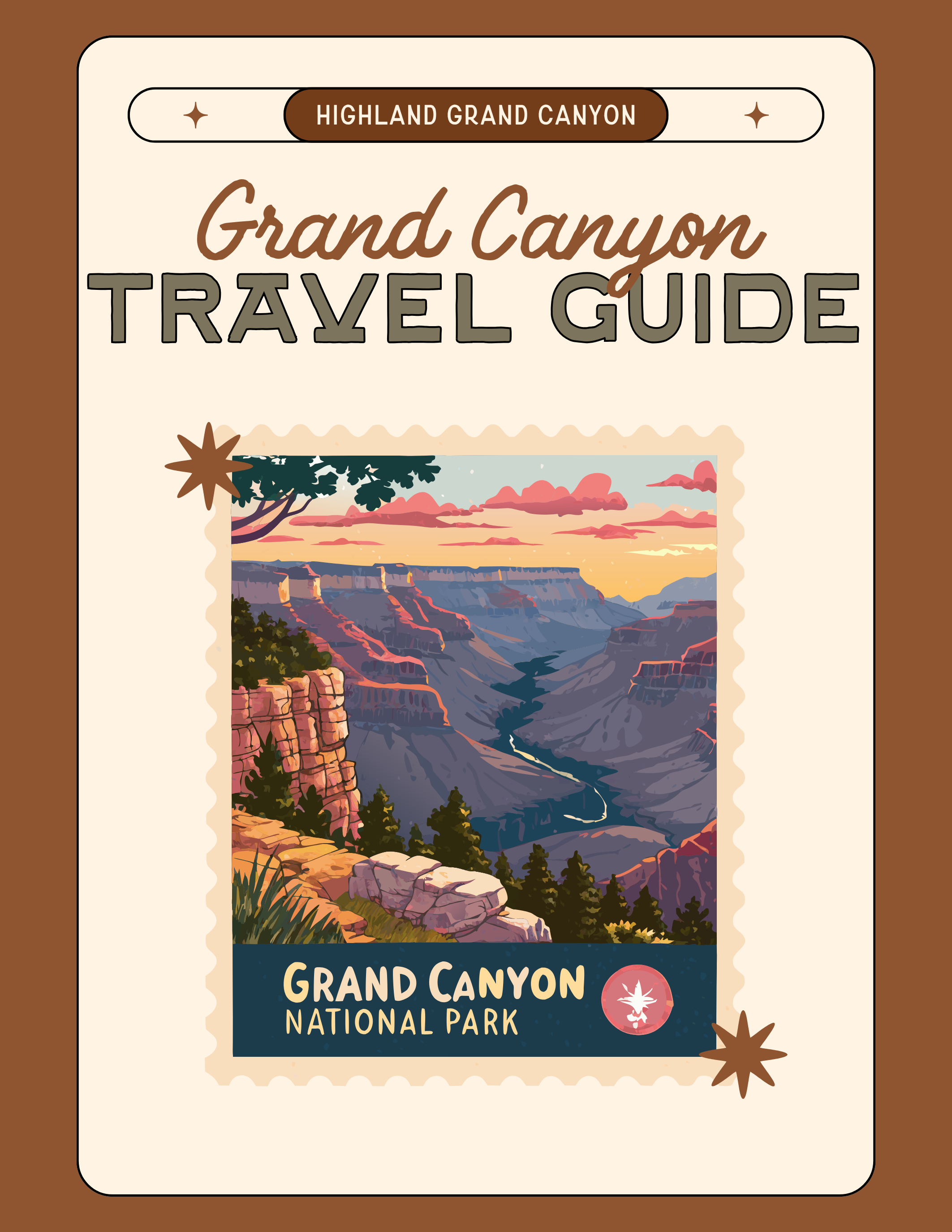 Travel guide cover for Grand Canyon National Park featuring a colorful illustration of the canyon at sunset with layered cliffs and a river flowing through the bottom.
