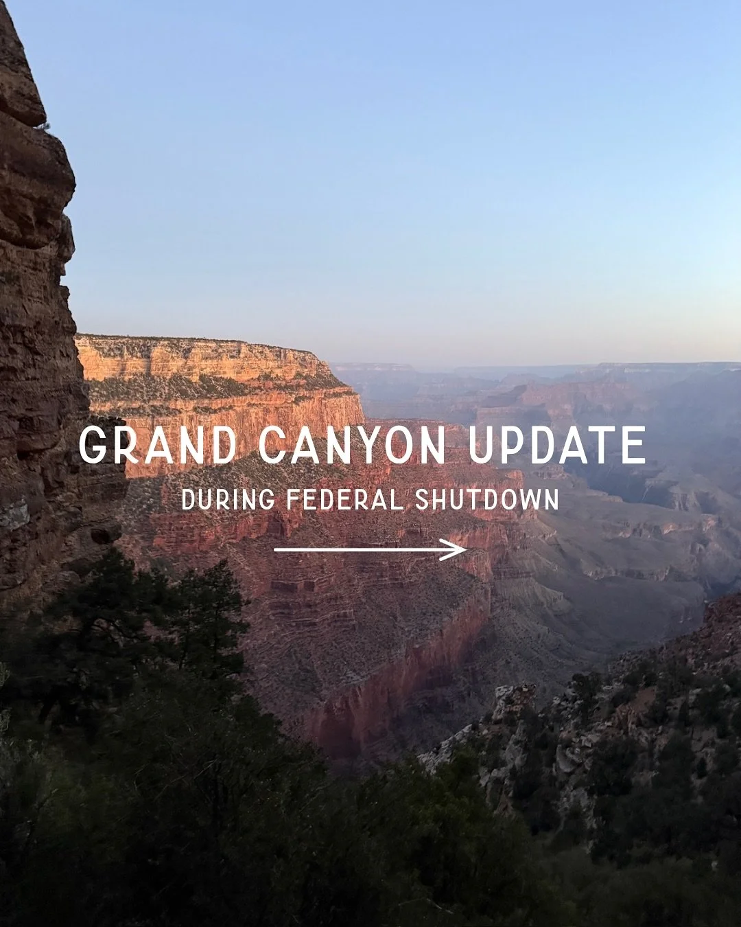 Planning a Grand Canyon trip during the federal shutdown? Here&rsquo;s what you need to know:

✅ Still Open:
&rarr; Park access + shuttles
&rarr; Hotels, lodges, restaurants, shops
&rarr; Library, laundry &amp; post office

🚫 Limited/Closed:
&rarr; 