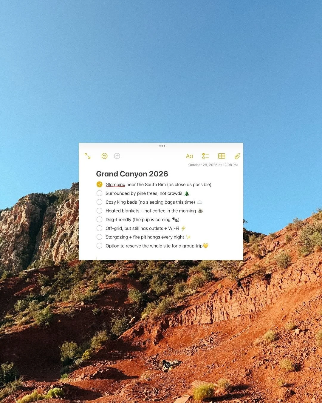 Tag your travel crew 📱 

Our 2026 books are officially open and it&rsquo;s time to start planning your Grand Canyon adventures!
Let us know what you&rsquo;d add to the list. 

#grandcanyon #grouptrip #glamping #glampsite #southrim #2026travel #bouti