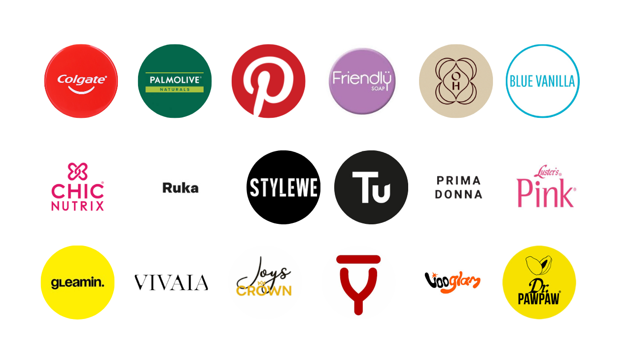 A collection of various logos of personal care, soap, and brand products arranged in a grid pattern.