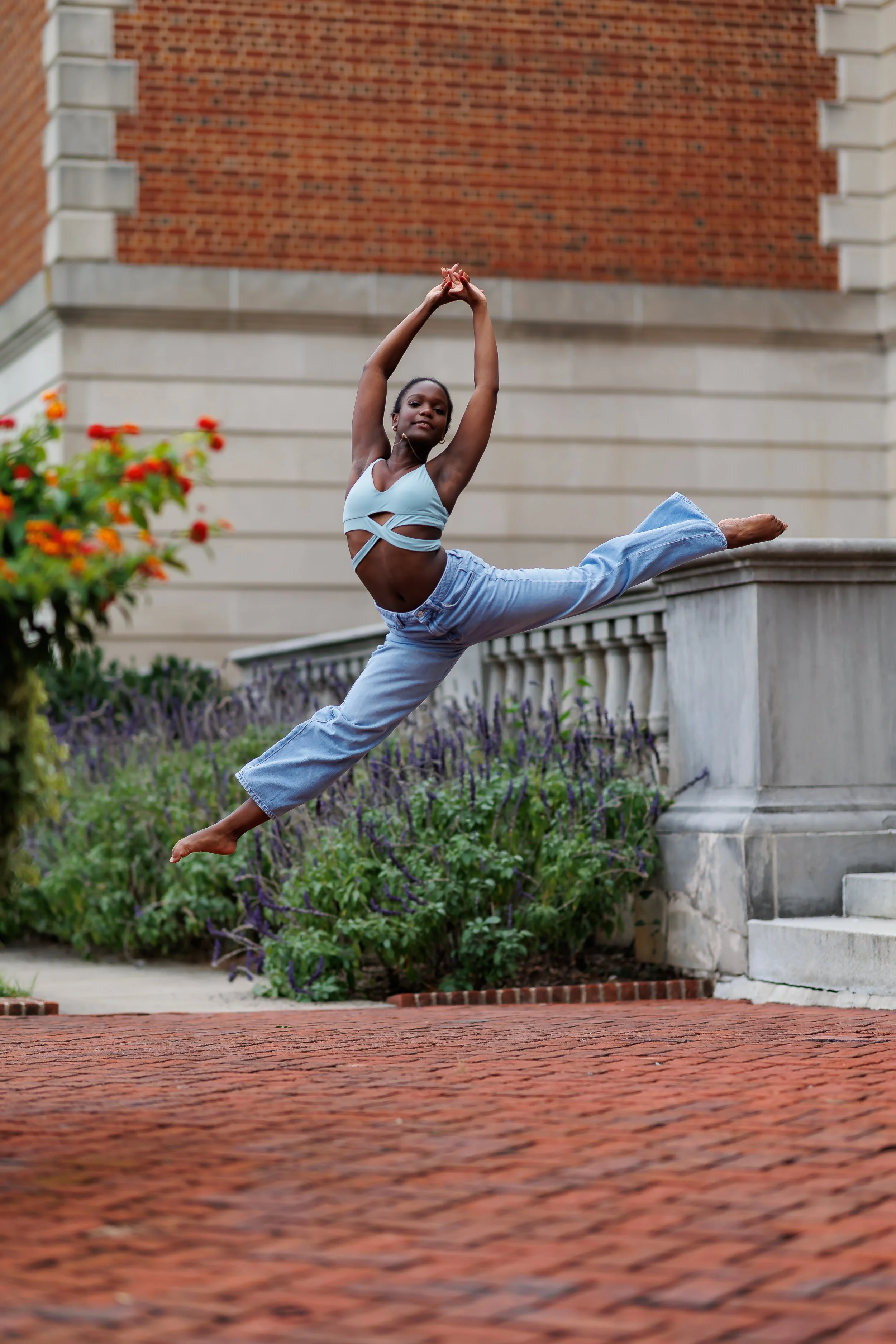 VMFA- Large museum buildings with various styles, including stairs, flowers, walkway/ramp, and paragon garage rooftop. 