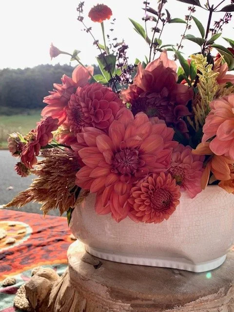 A bouquet of pink and red flowers in a white vase outdoors, with a river and trees in the background.