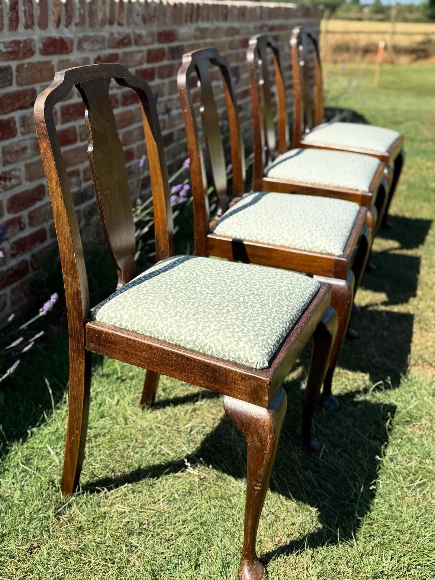 For Sale

Set of four antique dining room chairs. These have been upholstered in a Romo fabric from the Aubin collection.