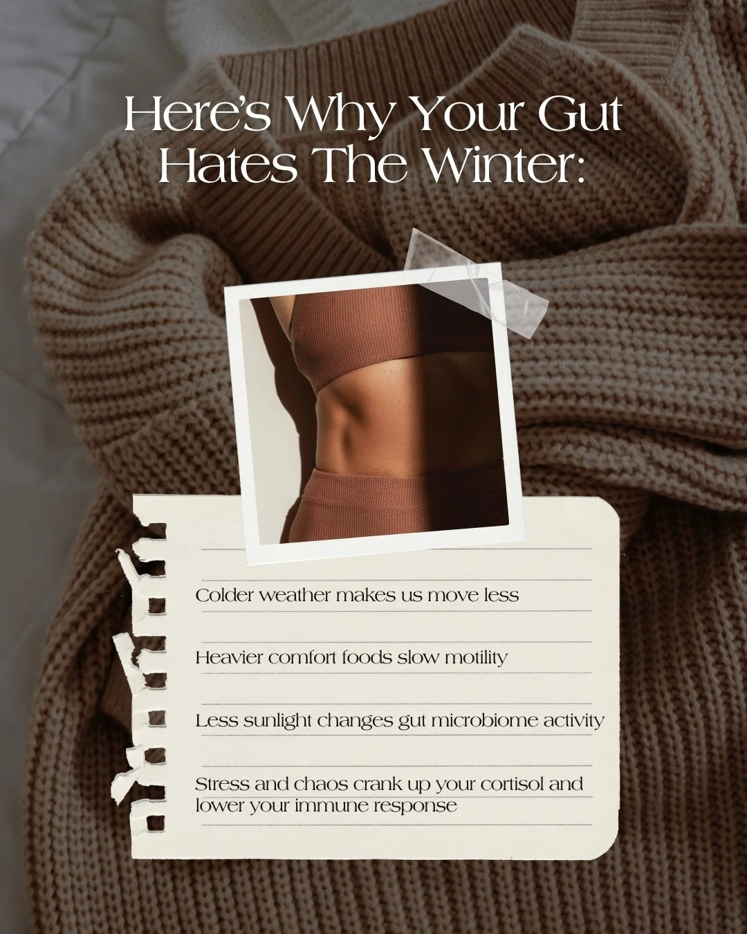 Ever notice your stomach feels worse in the colder months?

That&rsquo;s not random. Your gut bacteria respond to sunlight, movement, and diet shifts. 

Winter habits and nutrition often mean:

Slower motility

More bloating

Microbiome imbalance

Th