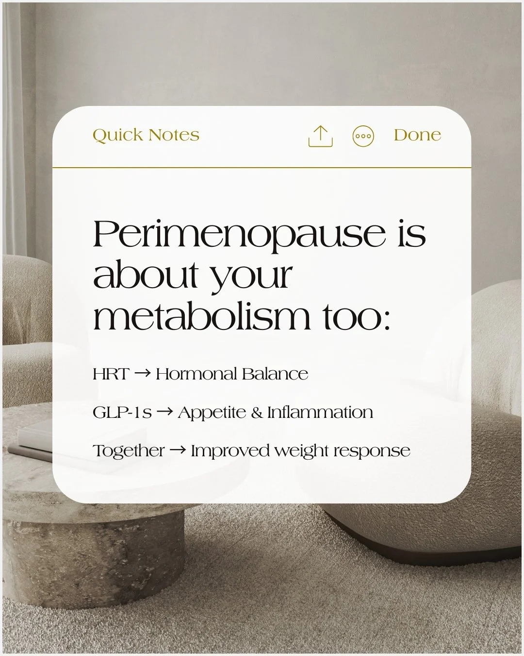 When we think of perimenopause, we often think of night sweats or irregular cycles.

But beneath those symptoms, your metabolism itself is changing.

Hormone replacement targets the root imbalances. GLP-1s improve how your body regulates hunger, crav