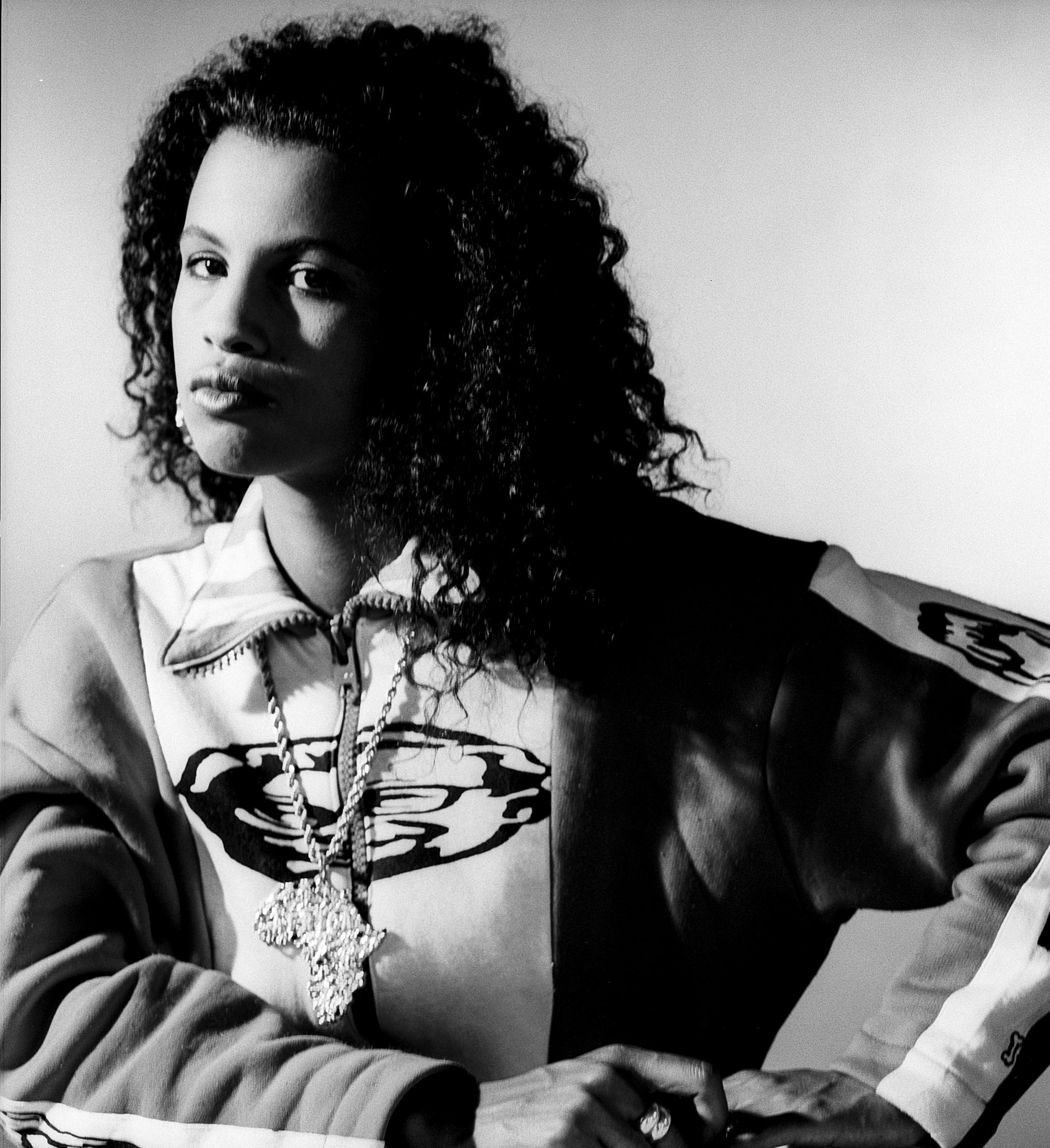Neneh Cherry wearing Judy Blame, Shoreditch High Street studio, London, 1987 #2 (previously unseen image, signed print, edition of 25) by Lawrence Watson