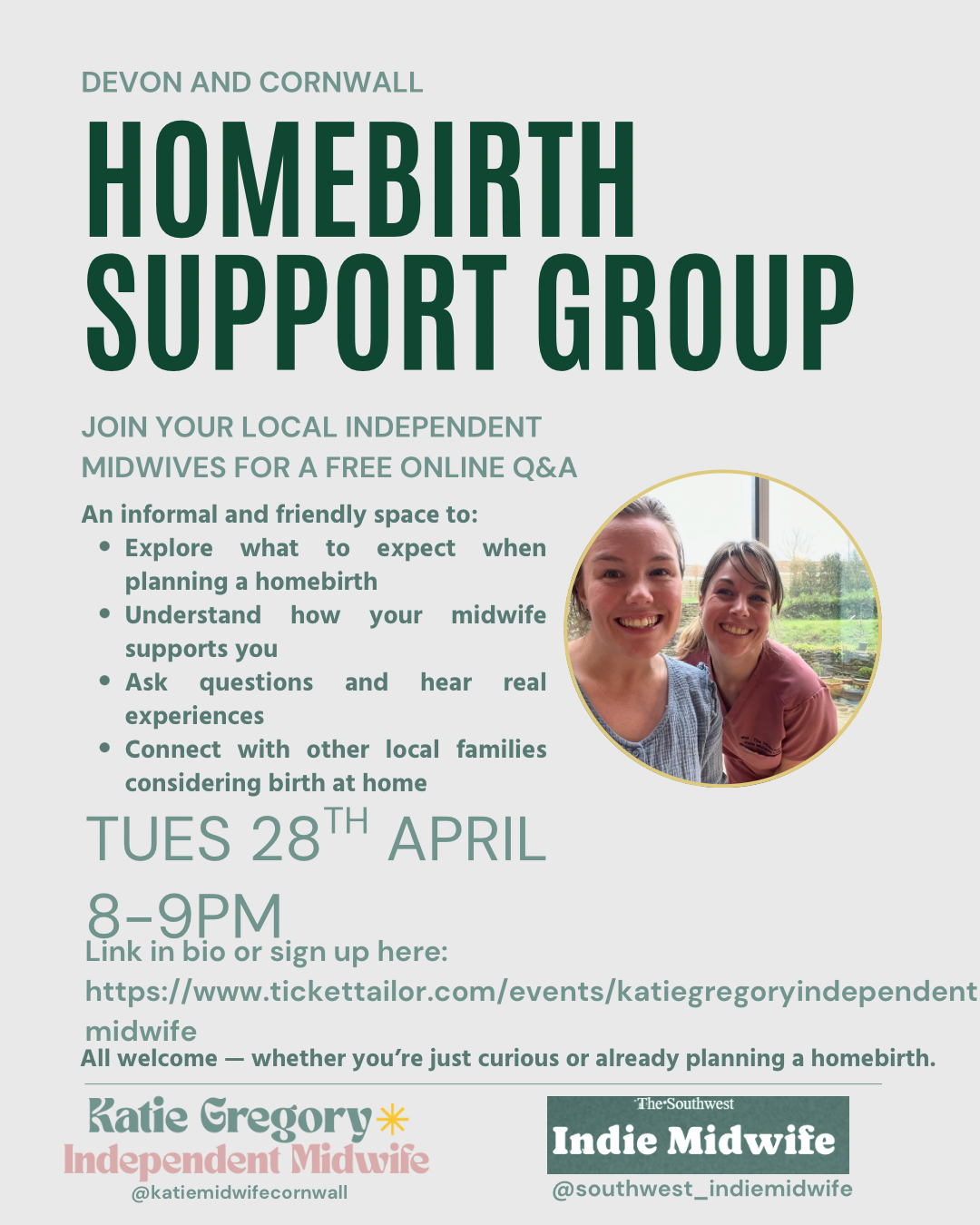 Poster displaying info about free homebirth online group event in Cornwall and Devon