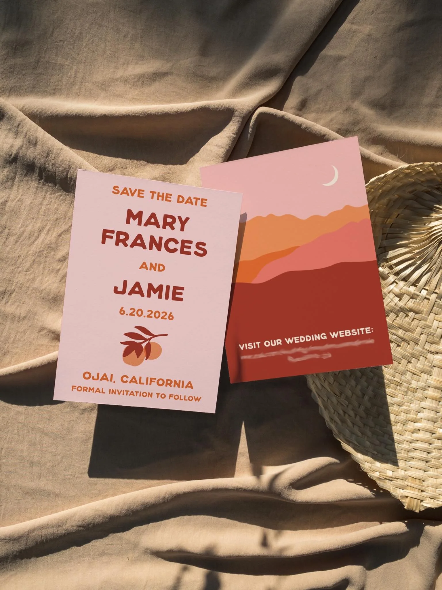Ojai save the dates = 🍊 local pixie tangerines + 🌅 pink moment landscape for the back