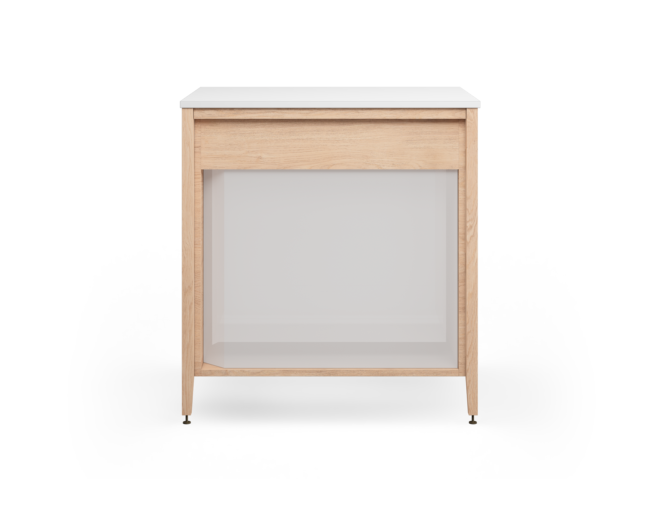 Cabinet de cuisine modulaire en chêne naturel, avec un espace pour four encastrable et des pattes en métal bronze.