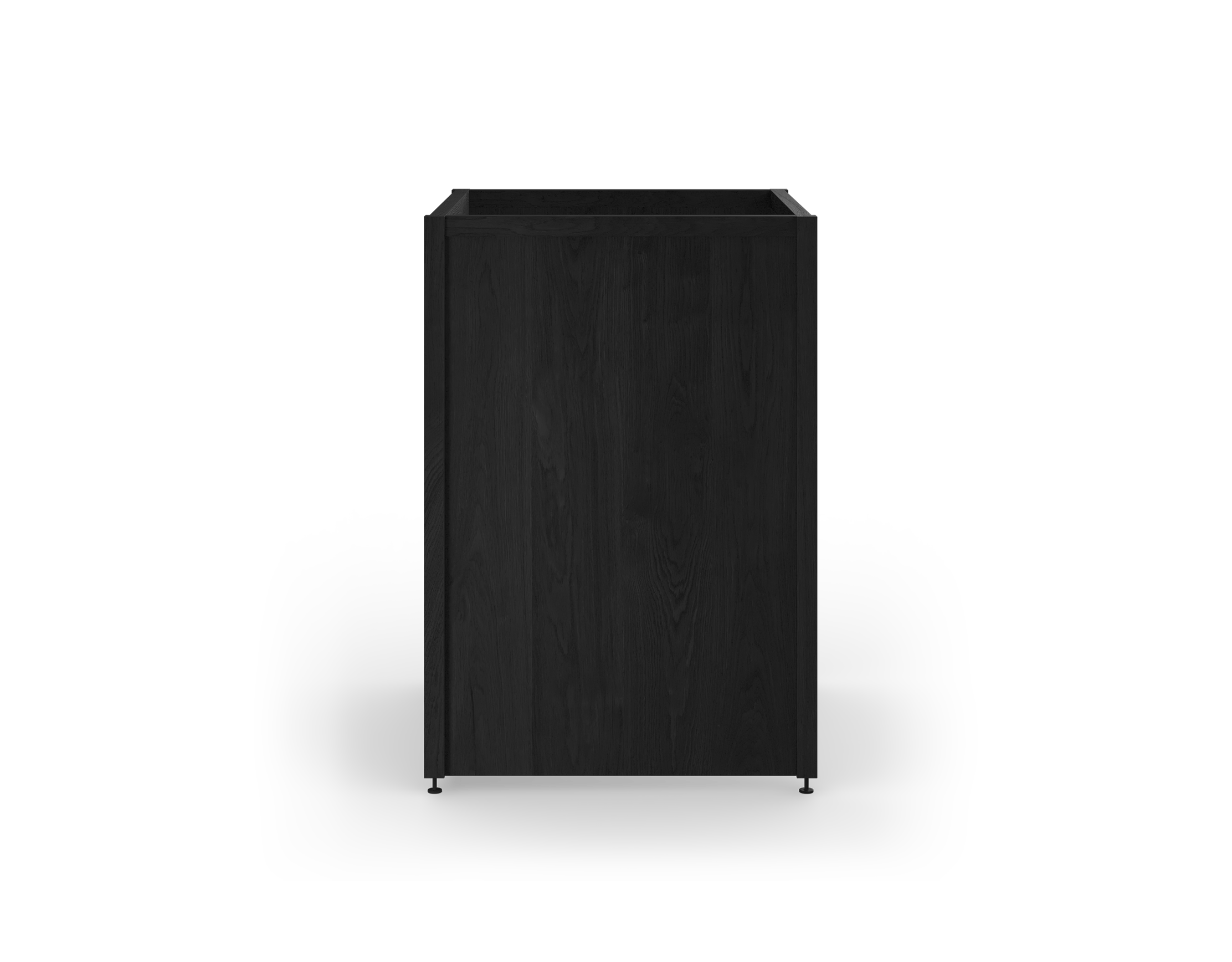 Une armoire en chêne teint noir avec des pattes en métal noir, avec des côtés et d'un fond pleins, conçue pour encastrer un électroménager de 24 pouces.