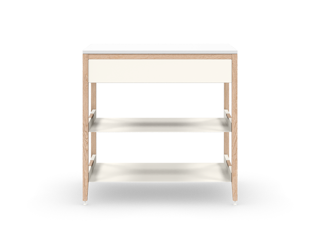 Cabinet de cuisine autoportant en chêne naturel, avec tiroir et tablettes en métal blanc, sur pieds en métal blanc.