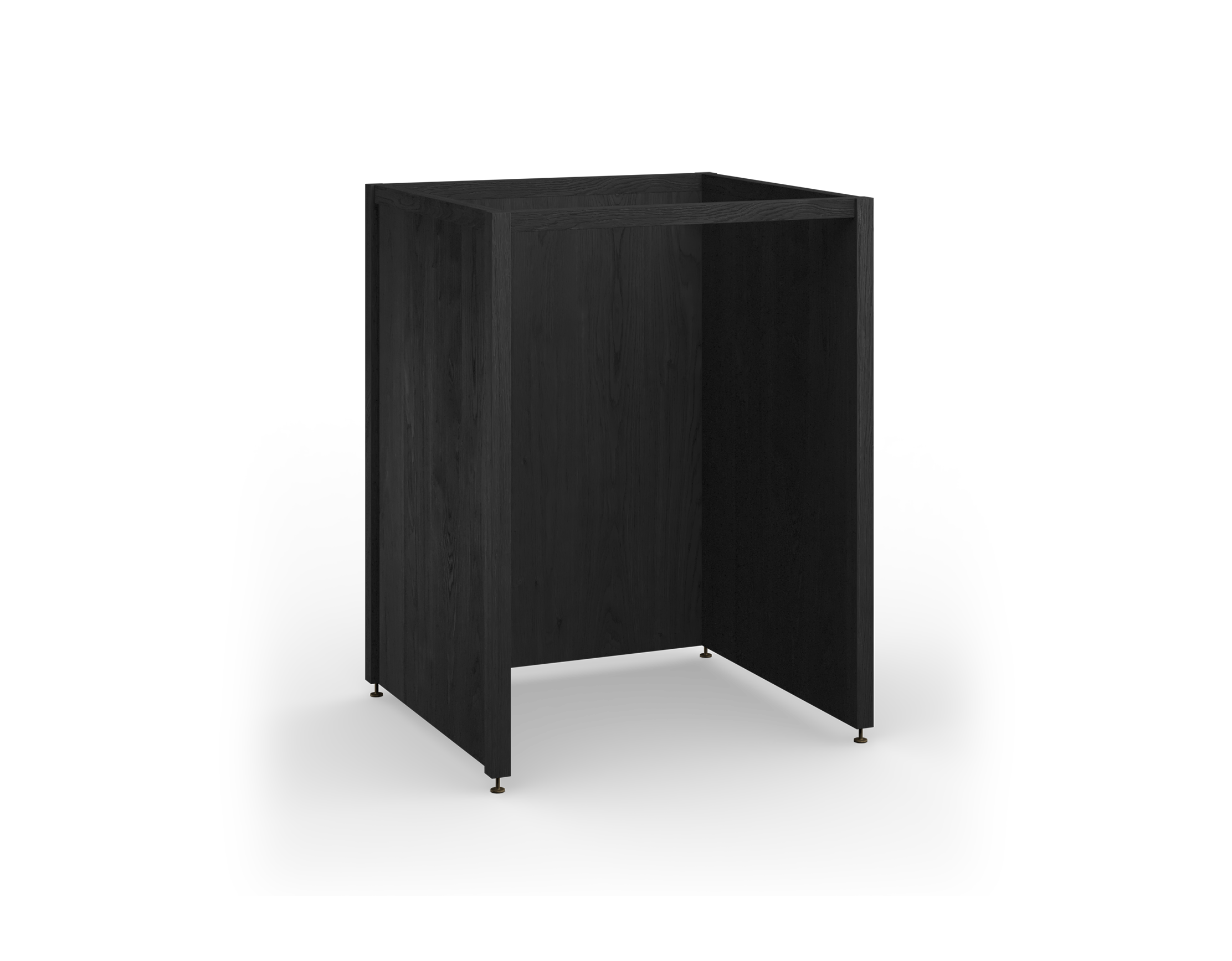 Une armoire en chêne teint noir avec des pattes en métal bronze, avec des côtés et d'un fond pleins, conçue pour encastrer un électroménager de 24 pouces.