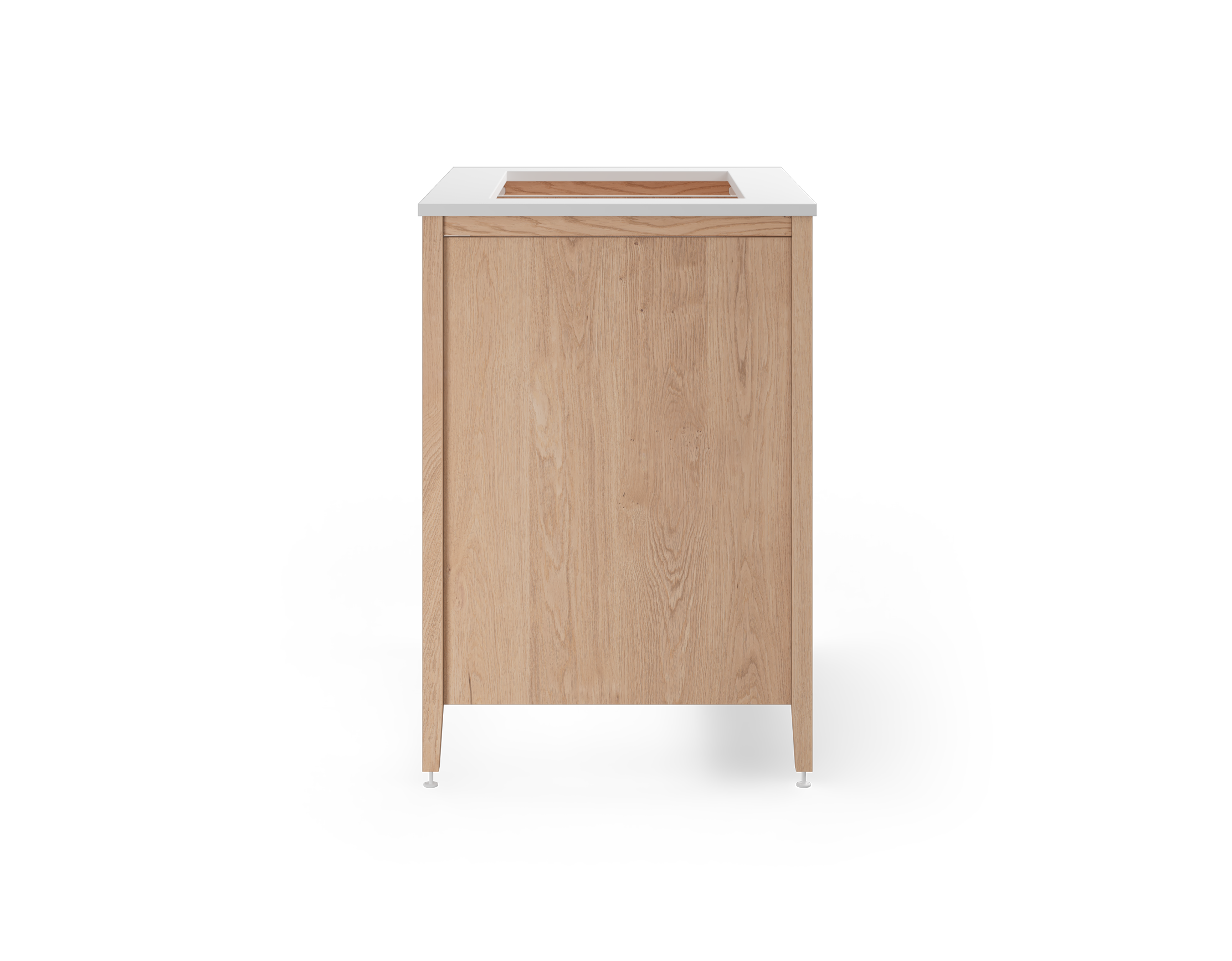 Cabinet de cuisine modulaire en chêne naturel, avec une façade fixe, deux portes et deux demi tablettes complètes. Conçu pour un évier sous comptoir avec des pattes en métal blanc.
