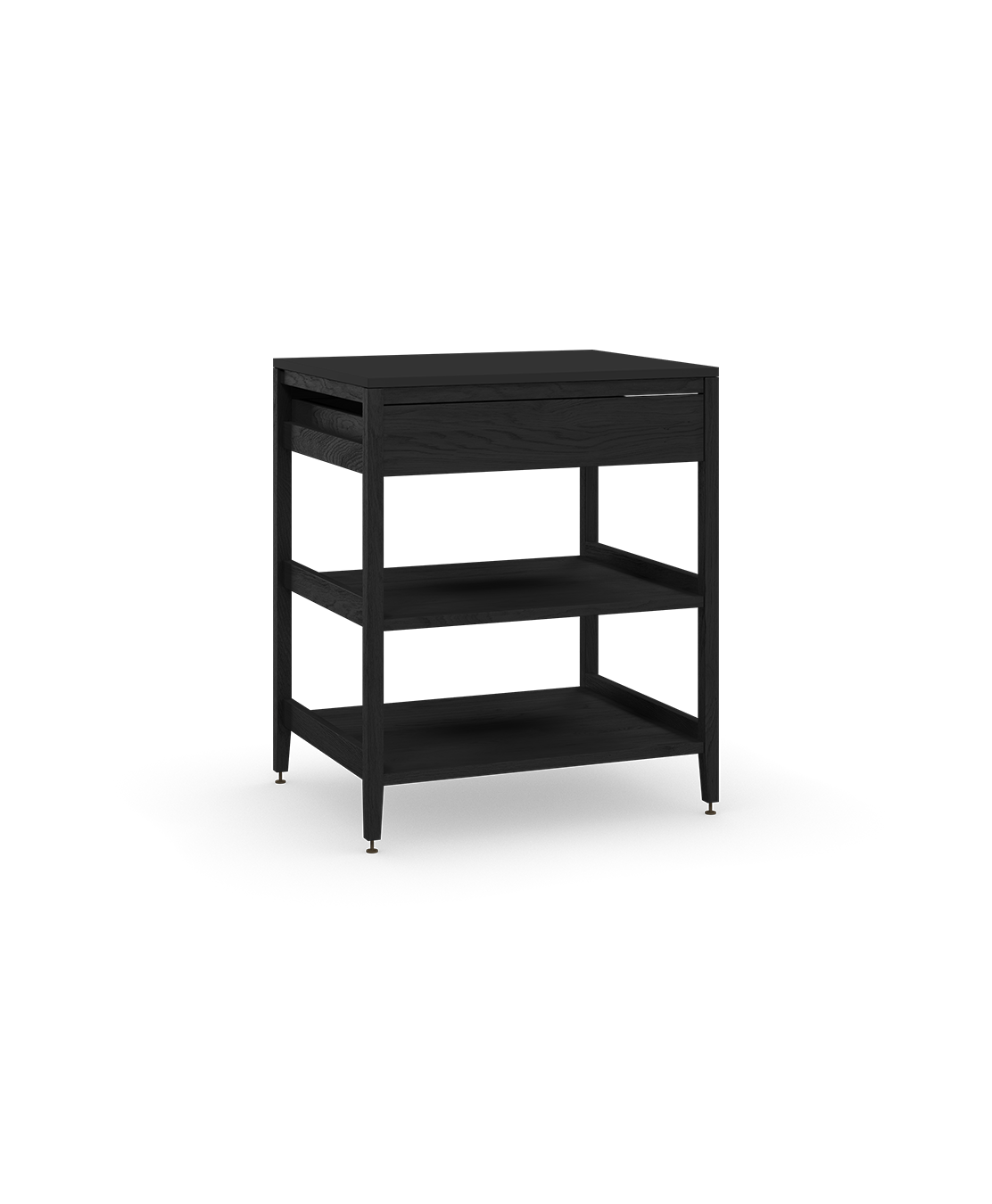 Armoire de cuisine modulaire en chêne teint noir, avec un tiroir et deux tablettes en bois pleine largeur. Conçue pour le rangement ouvert, sur pattes en métal bronze.