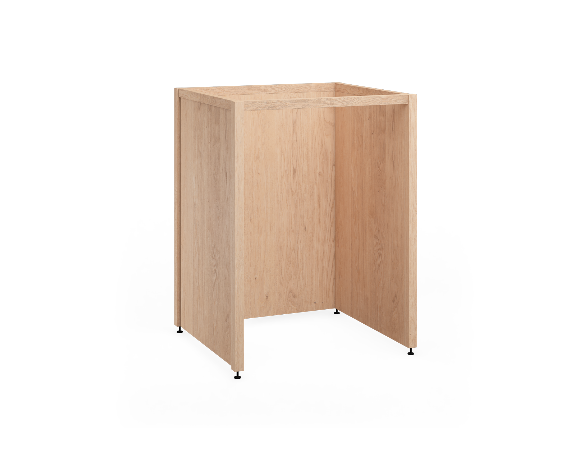 Une armoire en chêne naturel avec des pattes en métal noir, avec des côtés et d'un fond pleins, conçue pour encastrer un électroménager de 24 pouces.