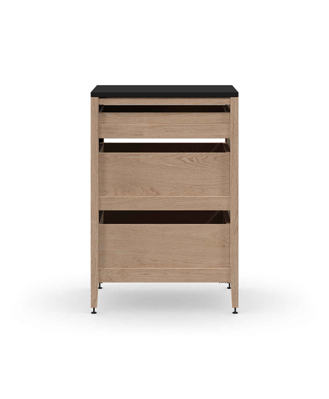 Cabinet de cuisine autoportant en chêne naturel, avec trois tiroirs en bois et des pieds en métal noir.