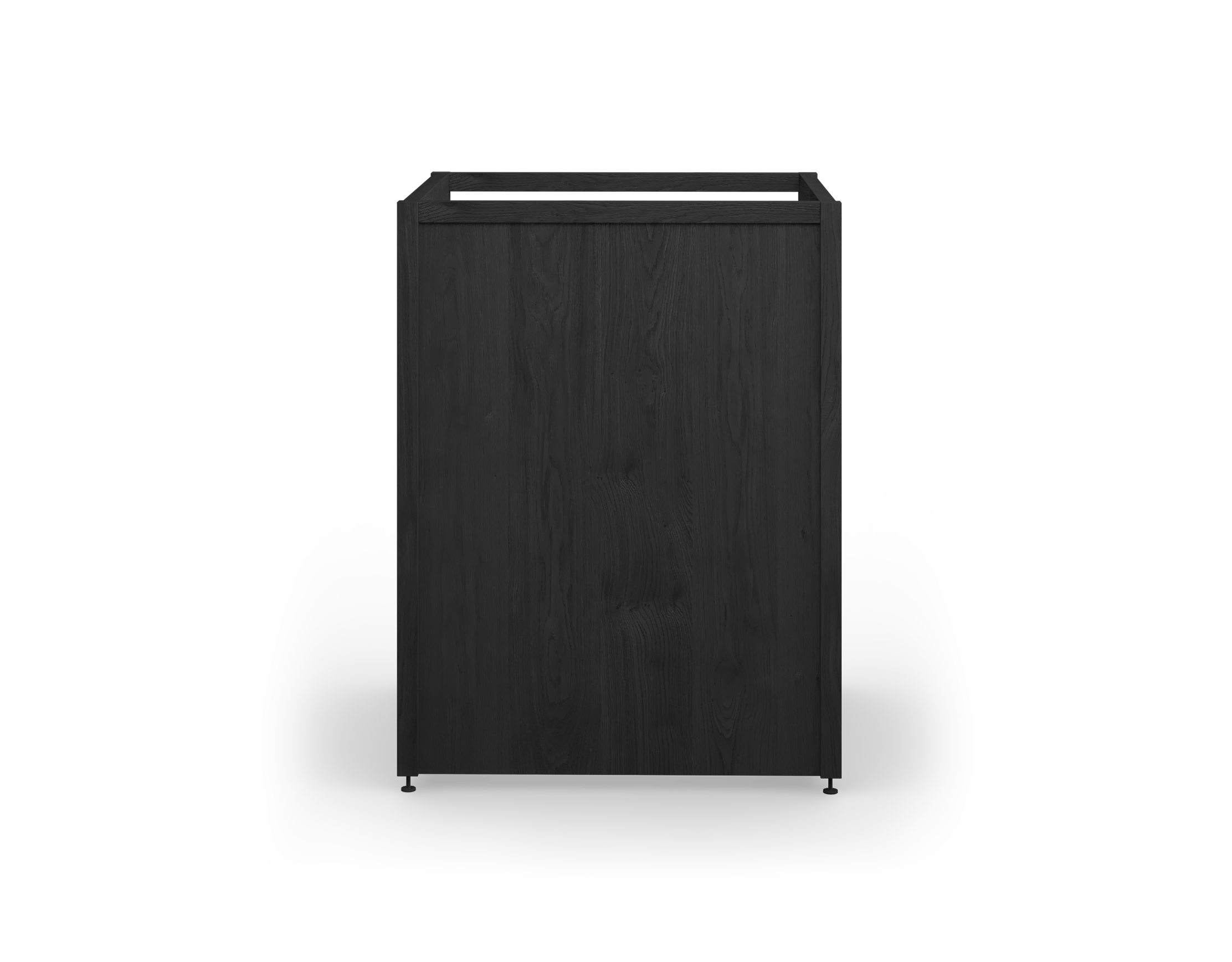 Une armoire en chêne teint noir avec des pattes en métal noir, avec des côtés et d'un fond pleins, conçue pour encastrer un électroménager de 24 pouces.