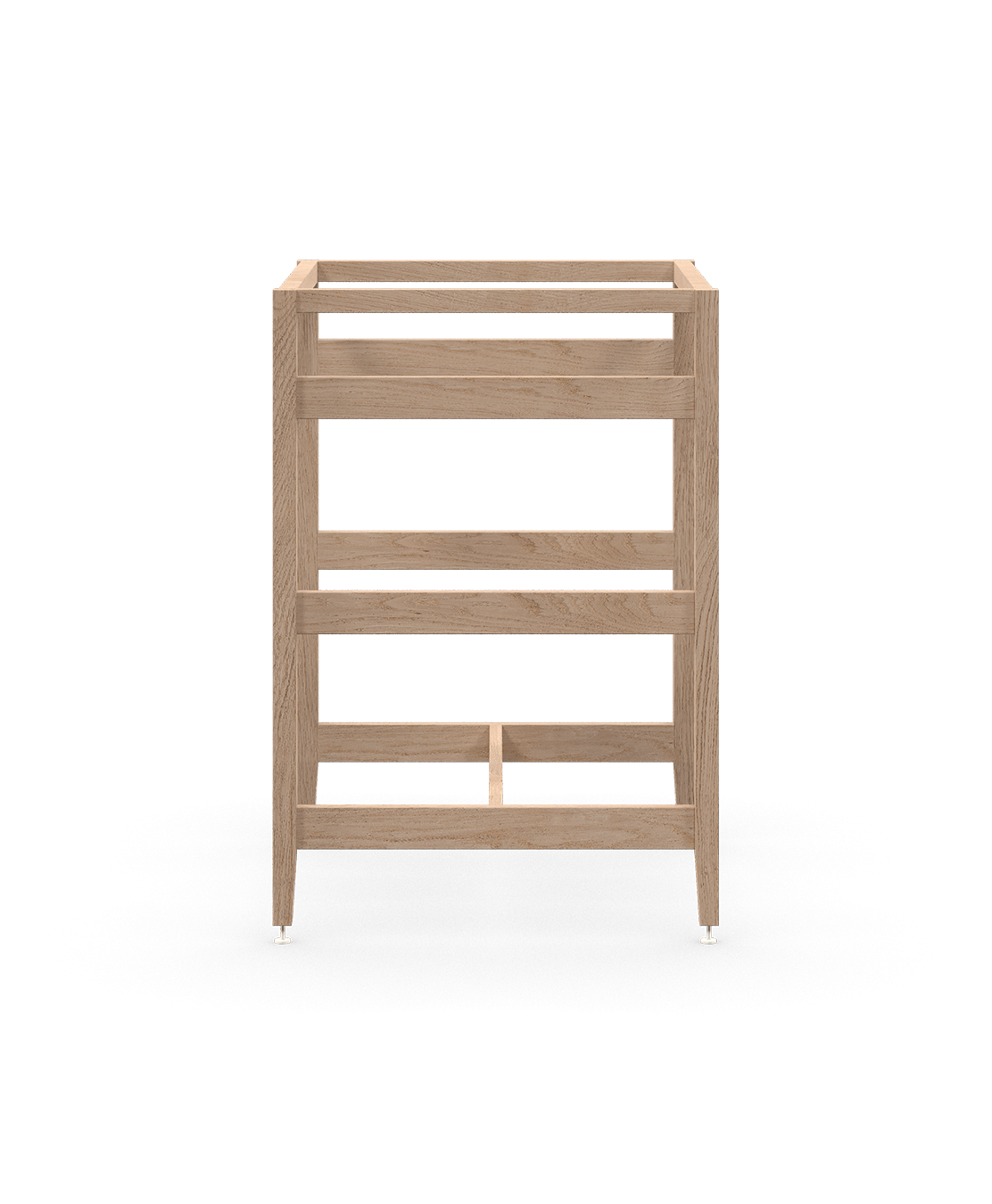 Kit extension îlot radix en chêne naturel, avec panneaux latéraux ouverts, traverse en bois massif et pattes en métal ajustables. Conçu pour des places assises face à face.