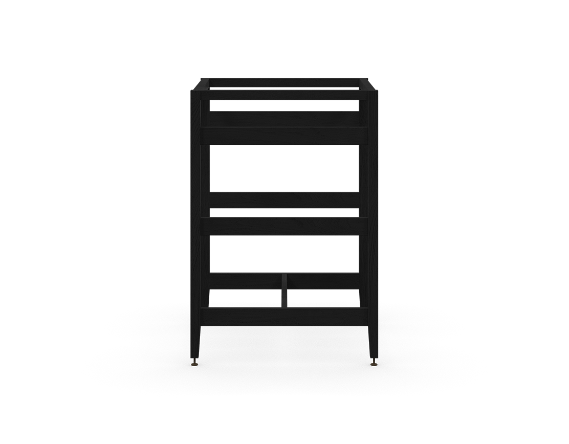 Kit extension îlot radix en chêne teint noir, avec panneaux latéraux ouverts, traverse en bois massif et pattes en métal ajustables. Conçu pour des places assises face à face.