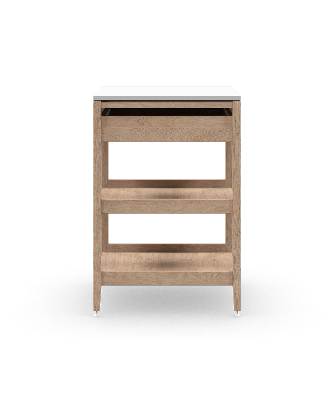 Armoire de cuisine modulaire en chêne naturel, avec un tiroir et deux tablettes en bois pleine largeur. Conçue pour le rangement ouvert, sur pattes en métal blanc.