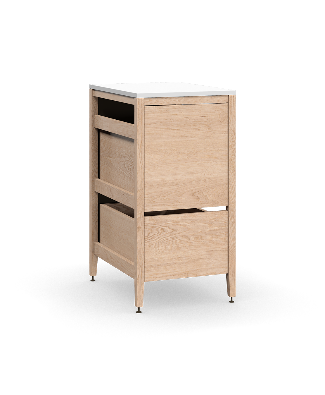 Cabinet poubelle autoportant à deux tiroirs, fait en chêne naturel et pattes en métal bronze, avec des bacs de déchets intégrés dans le premier tiroir.